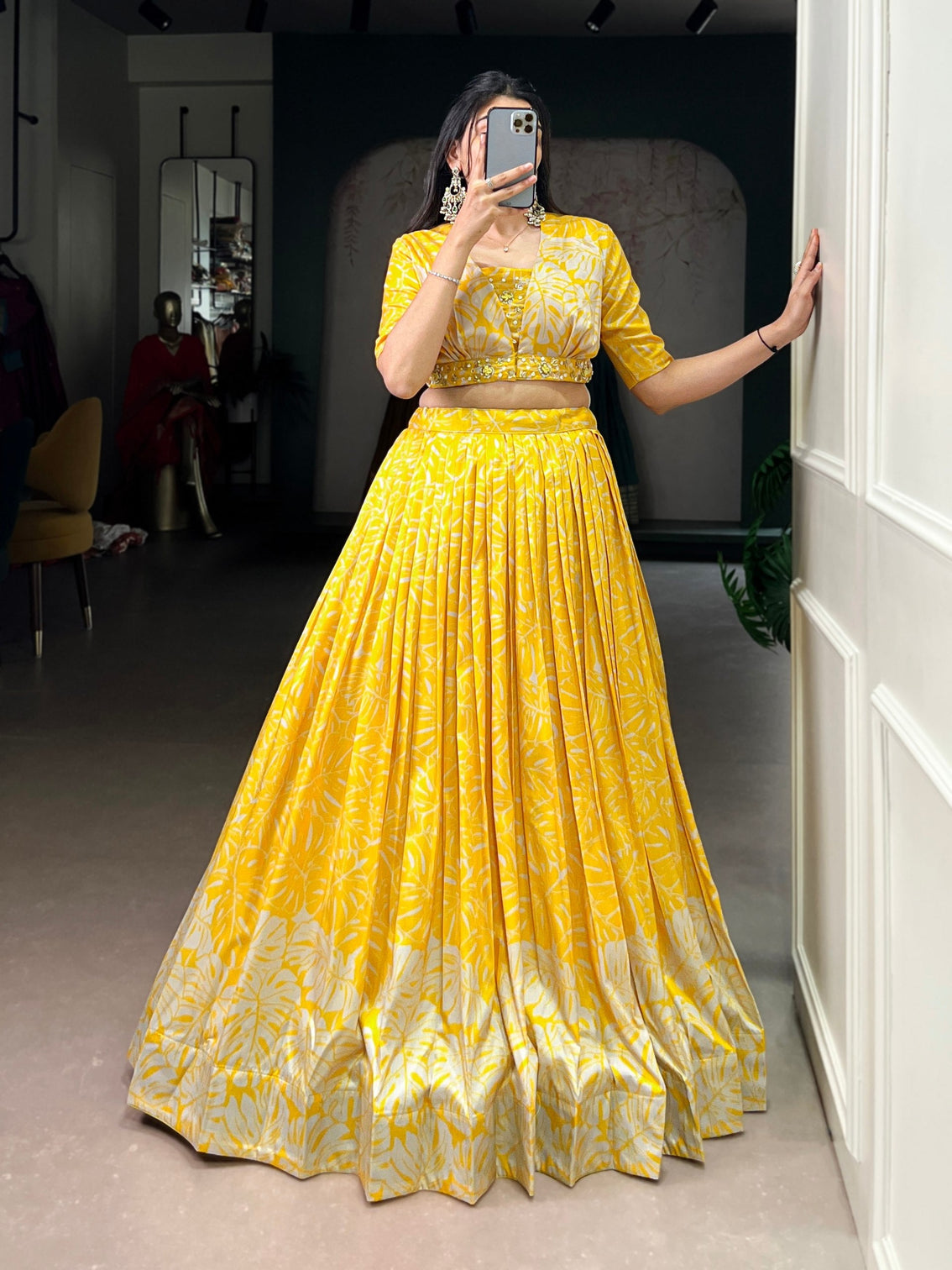 Yellow Tasar Silk Printed Lehenga Choli with Handwork Blouse & Koti – 4-Meter Flair Stitched Lehenga with Canvas Support & Adjustable Stitched Blouse + Jacket