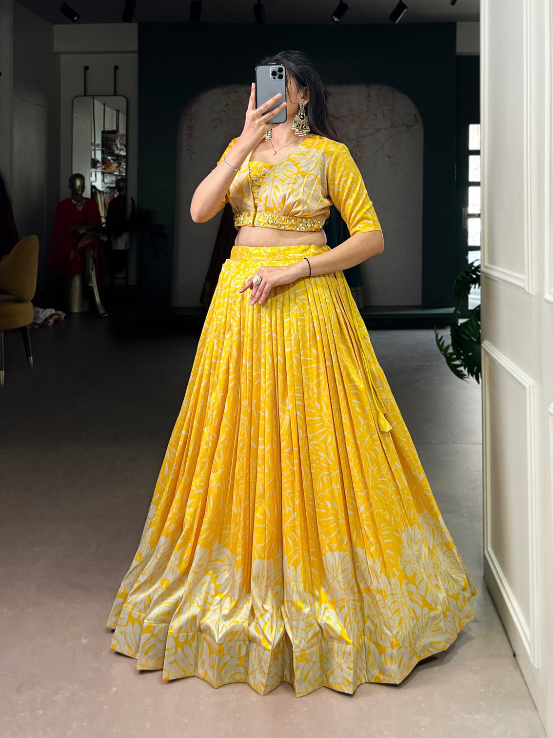 Yellow Tasar Silk Printed Lehenga Choli with Handwork Blouse & Koti – 4-Meter Flair Stitched Lehenga with Canvas Support & Adjustable Stitched Blouse + Jacket
