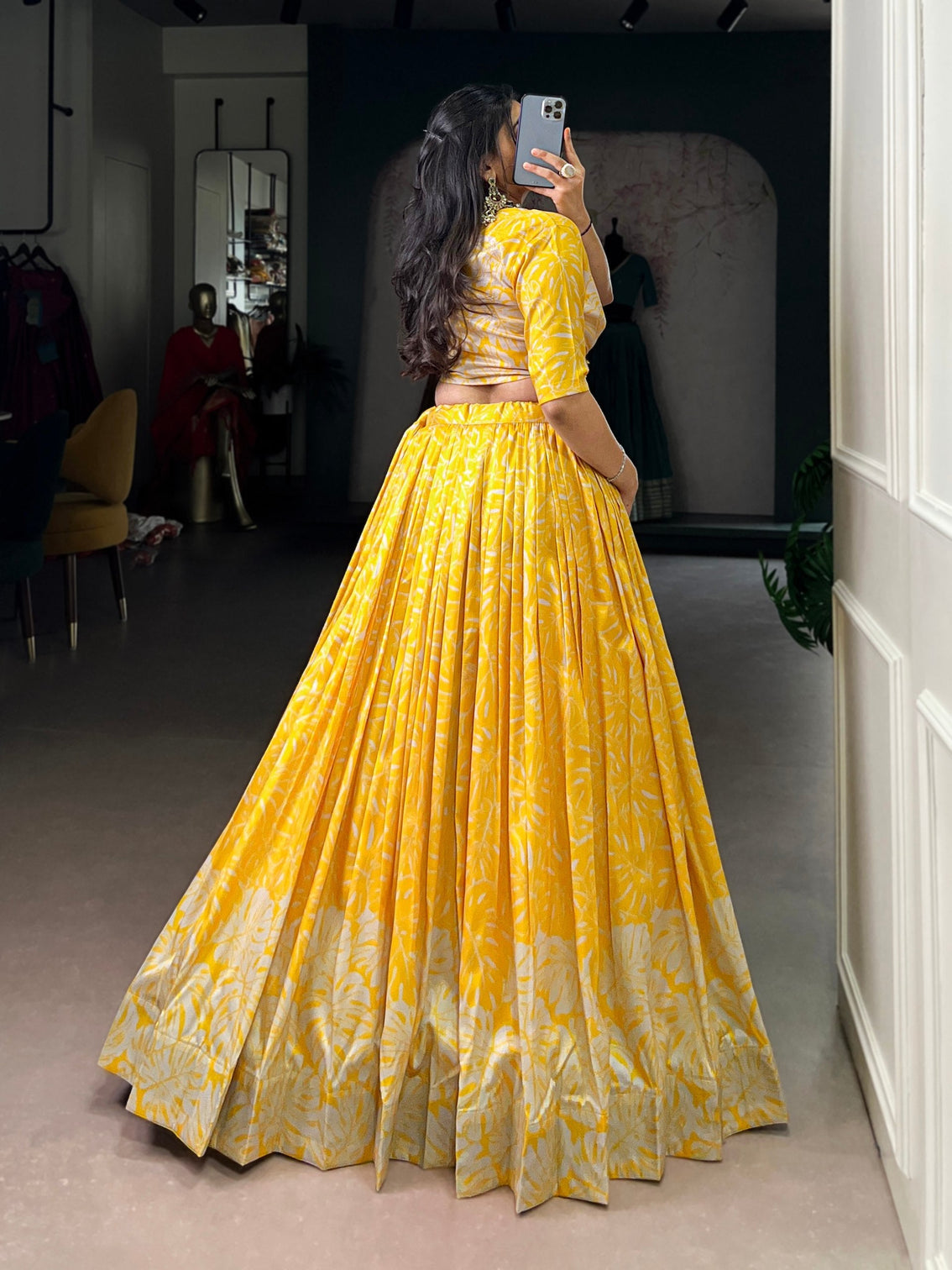 Yellow Tasar Silk Printed Lehenga Choli with Handwork Blouse & Koti – 4-Meter Flair Stitched Lehenga with Canvas Support & Adjustable Stitched Blouse + Jacket