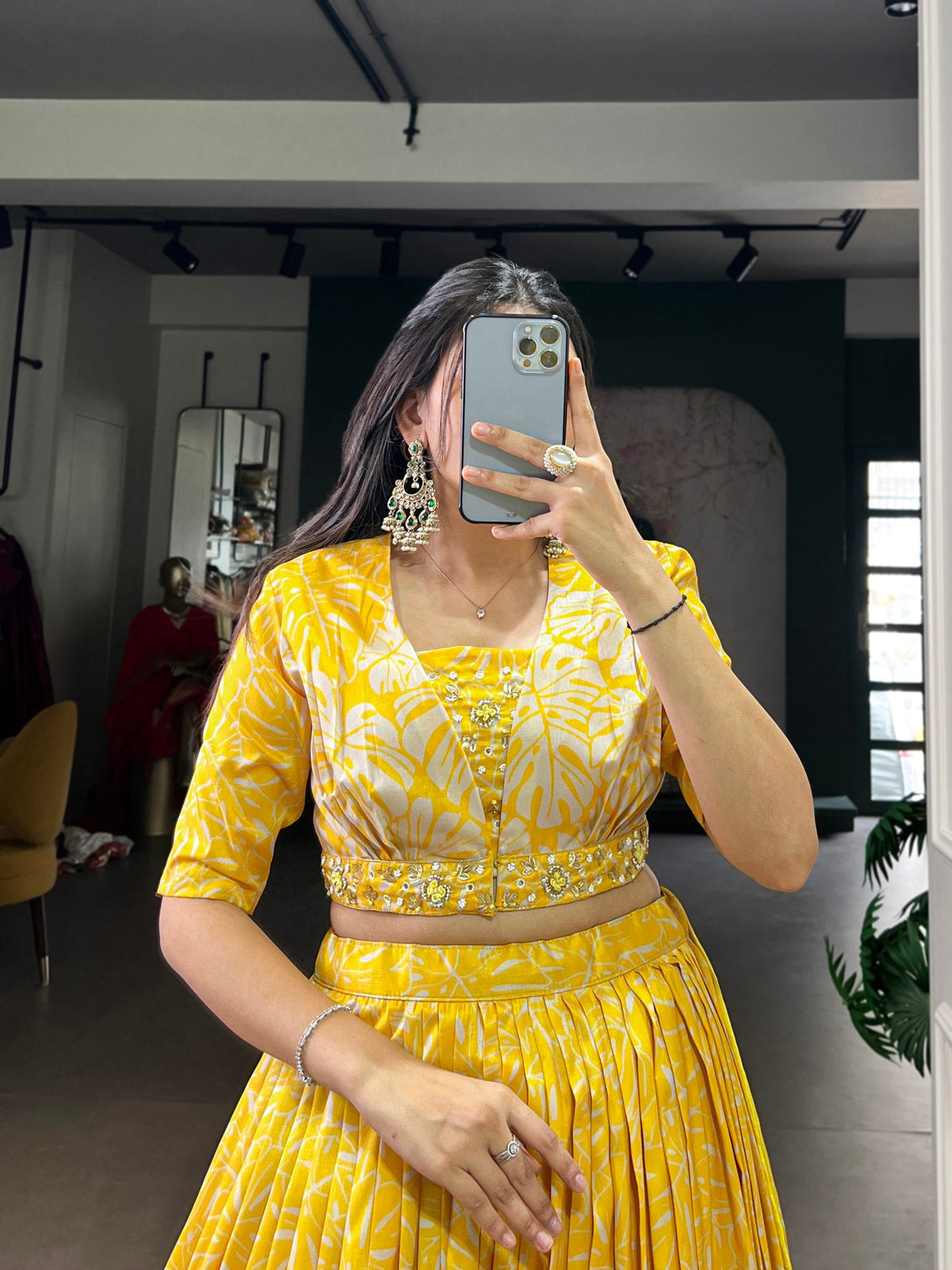 Yellow Tasar Silk Printed Lehenga Choli with Handwork Blouse & Koti – 4-Meter Flair Stitched Lehenga with Canvas Support & Adjustable Stitched Blouse + Jacket