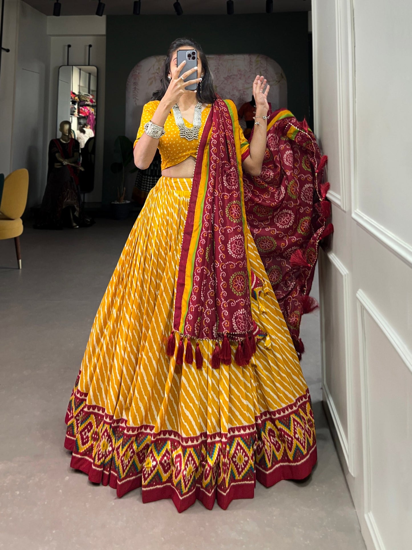 Yellow Tussar Silk Lehenga Choli with Leheriya Print, Patola Border & Bandhani Dupatta