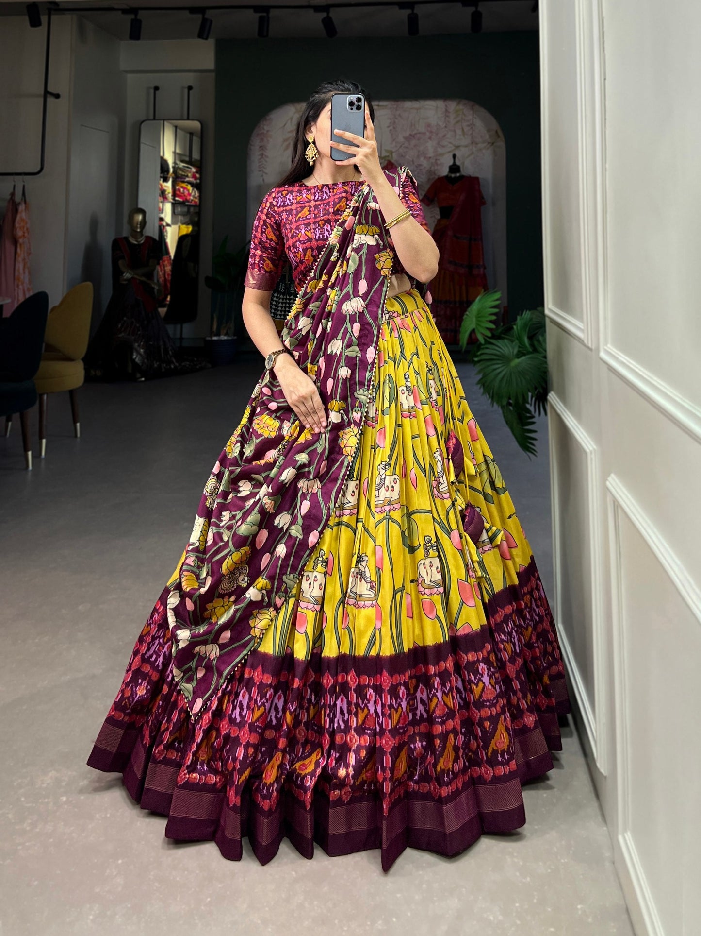 Yellow Tussar Silk Lehenga Choli with Pichwai & Patola Prints