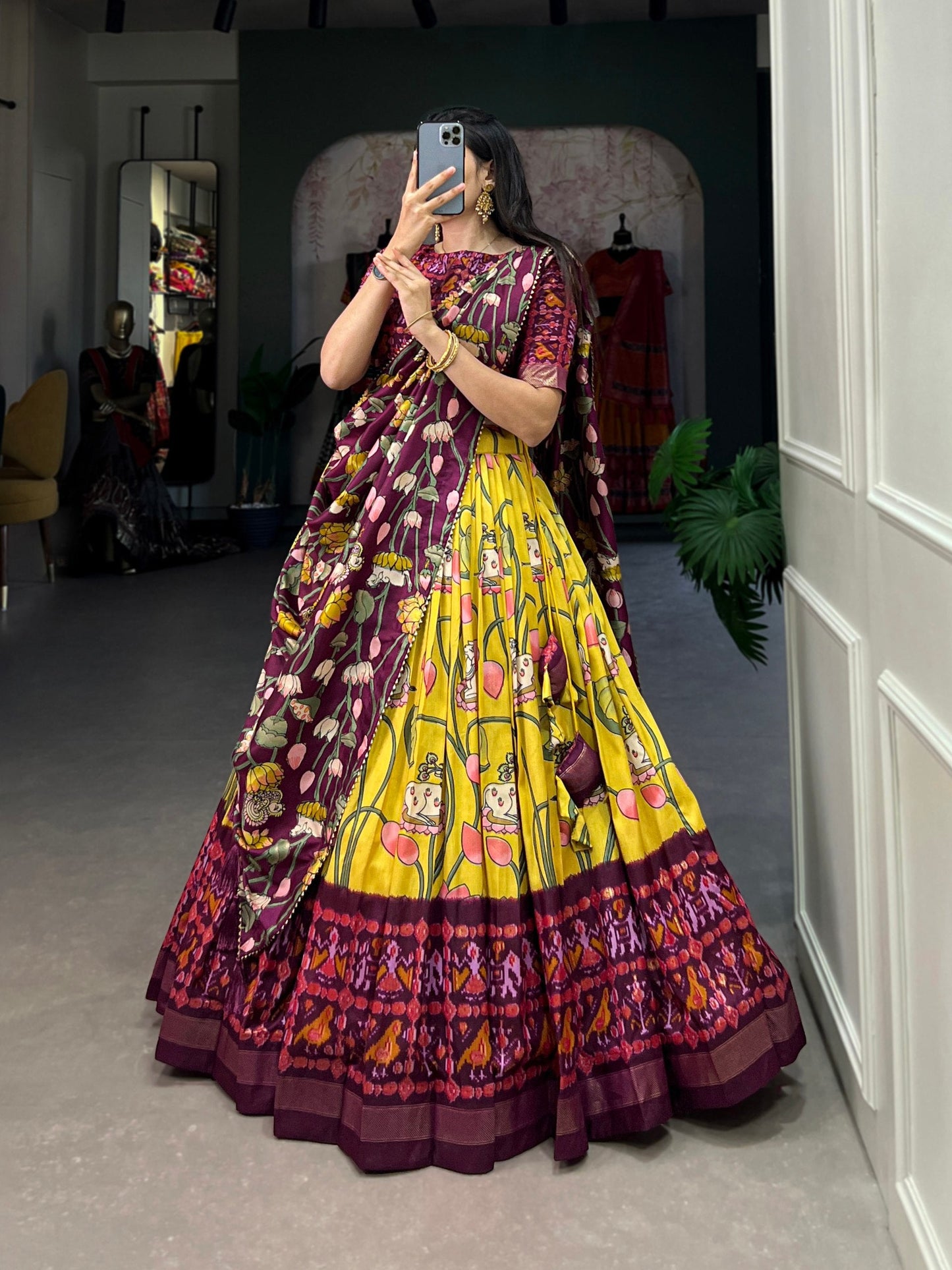 Yellow Tussar Silk Lehenga Choli with Pichwai & Patola Prints