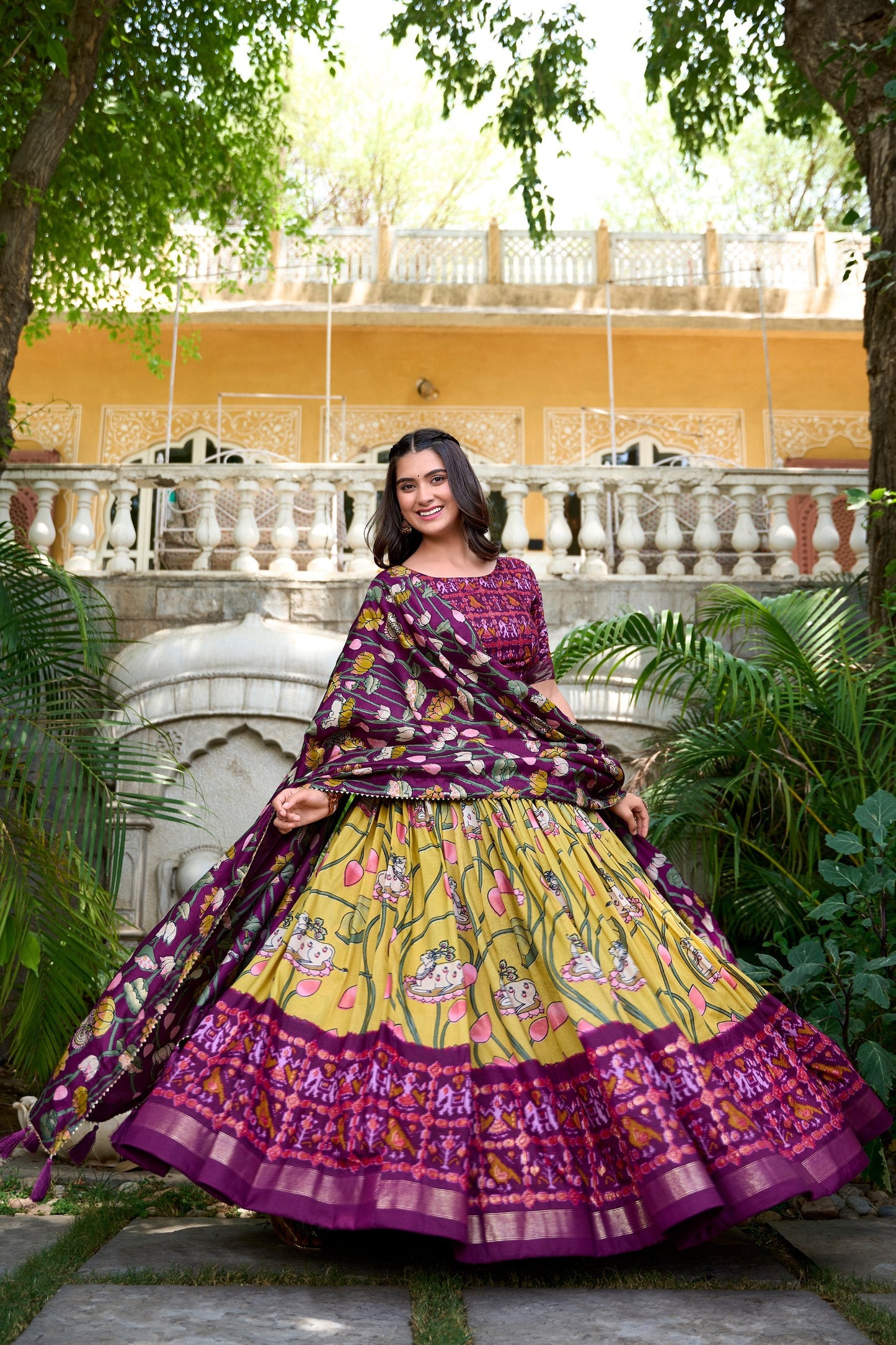 Yellow Tussar Silk Lehenga Choli with Pichwai & Patola Prints