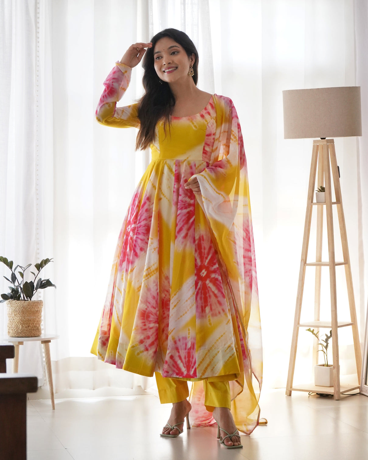 Yellow Vibrant Anarkali Organza Silk Gown with Dupatta & Pant Set – Perfect for Festivities