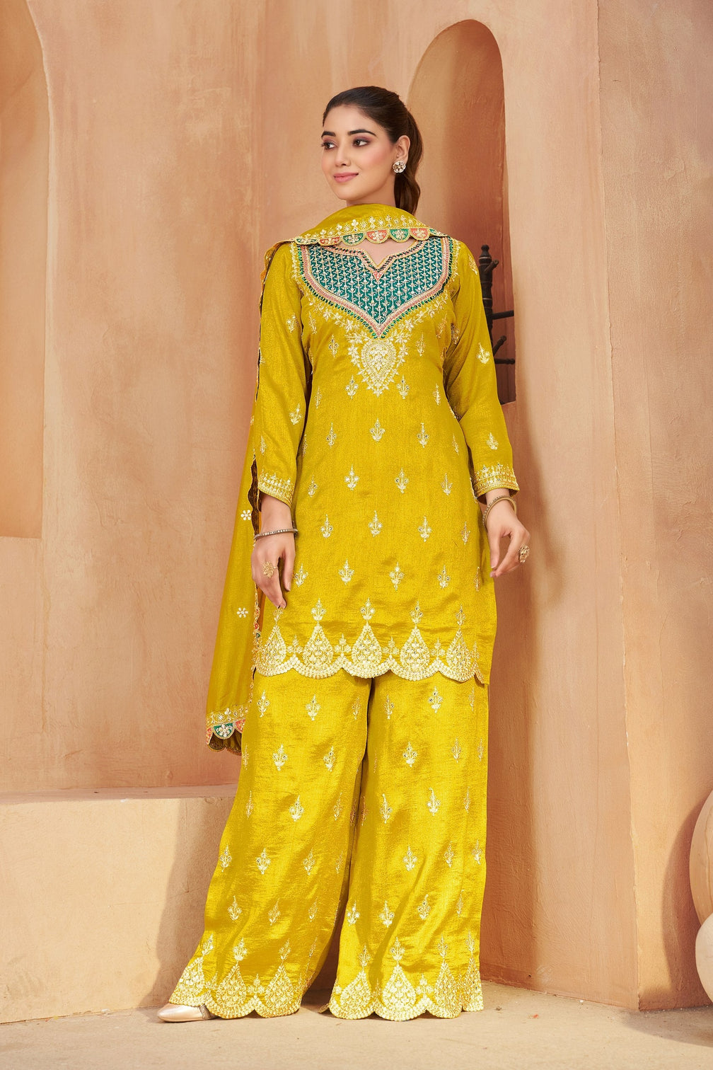 Yellow Vichitra Kurta Palazzo Set