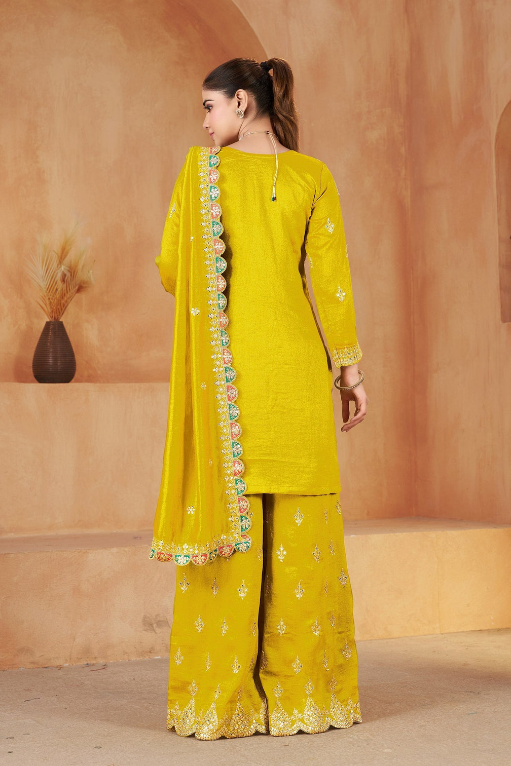 Yellow Vichitra Kurta Palazzo Set