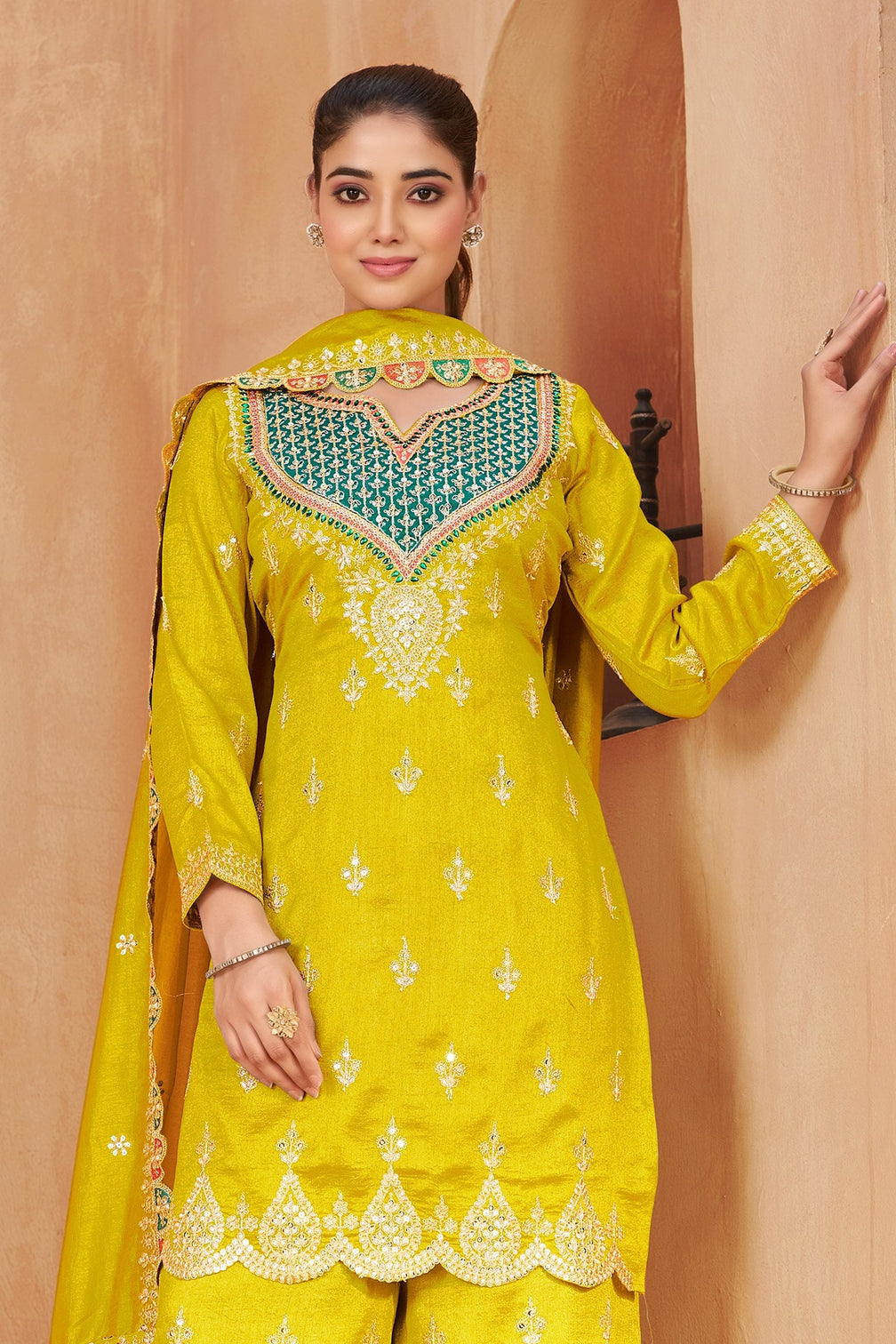 Yellow Vichitra Kurta Palazzo Set