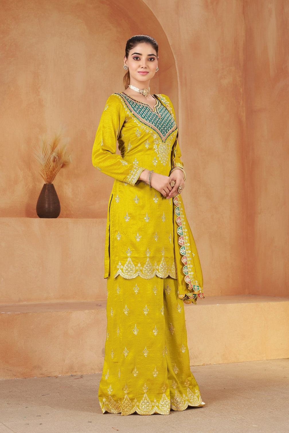 Yellow Vichitra Kurta Palazzo Set
