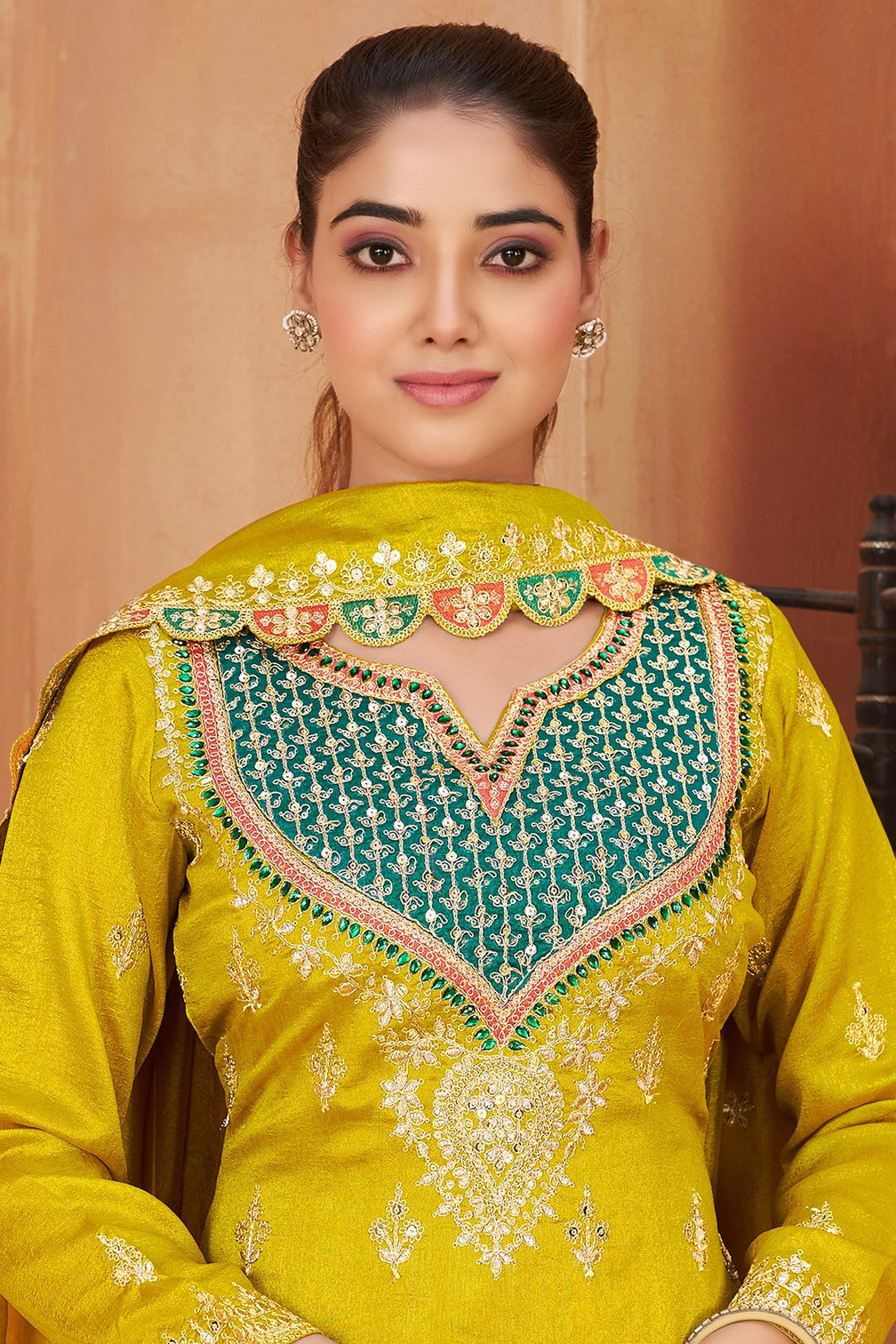 Yellow Vichitra Kurta Palazzo Set