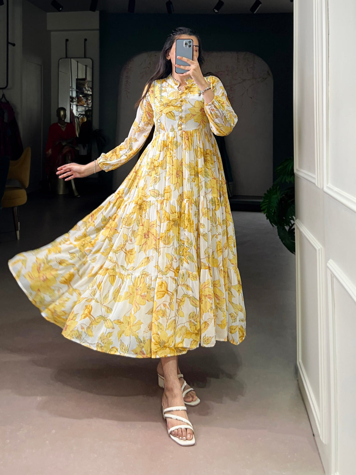 Yellow Weightless Marbal Floral & Foil Printed Stitched Frock with Lace Touch-Up Micro Crepe Lining, Full Sleeves