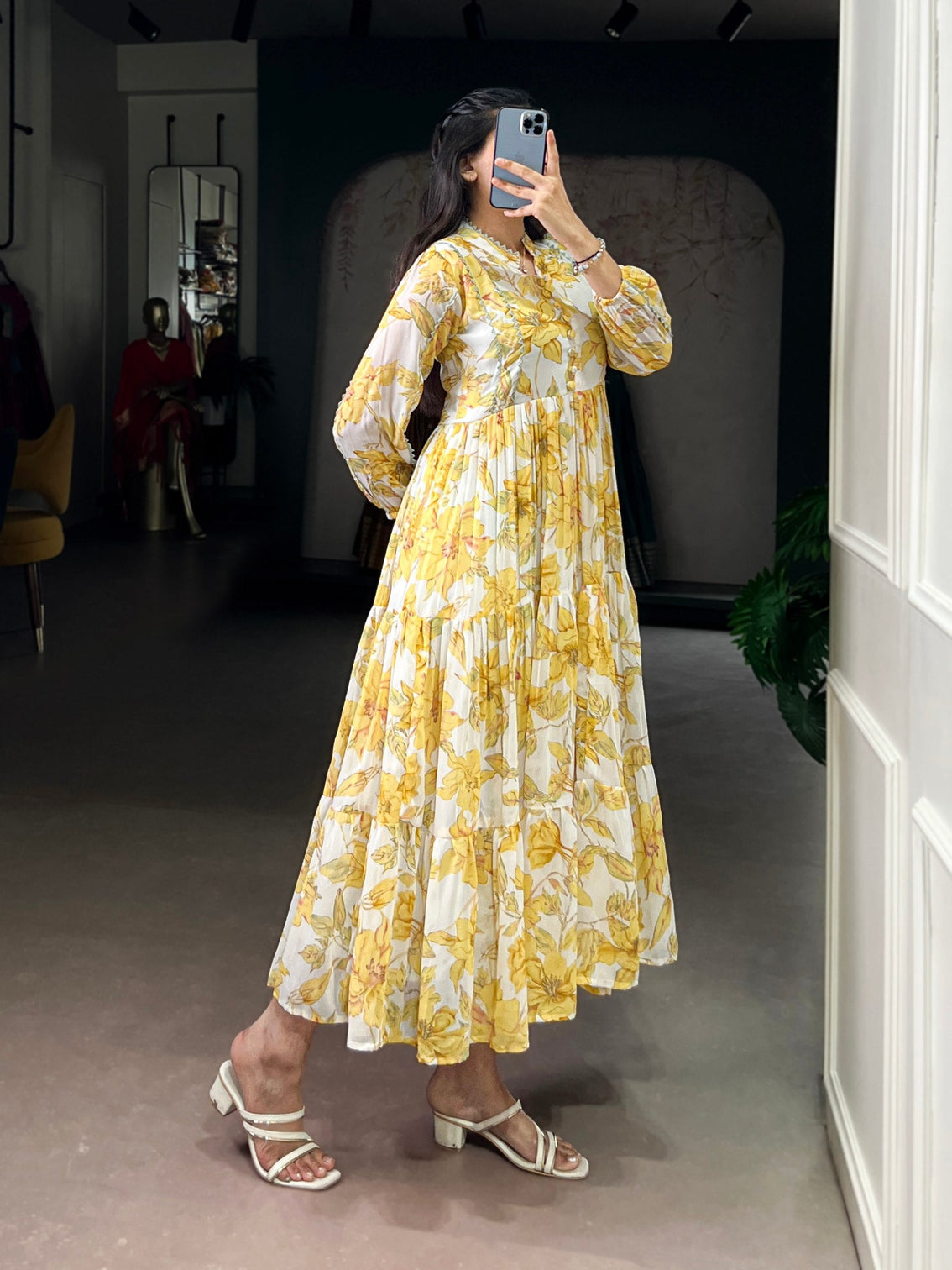 Yellow Weightless Marbal Floral & Foil Printed Stitched Frock with Lace Touch-Up Micro Crepe Lining, Full Sleeves