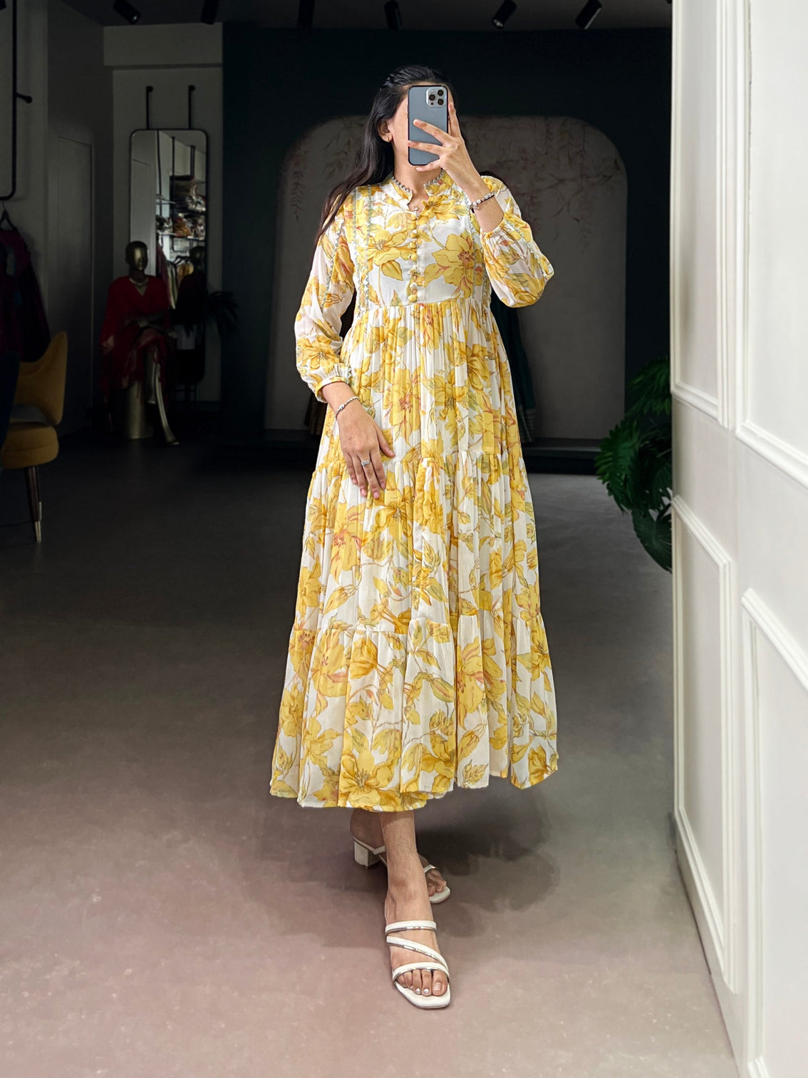 Yellow Weightless Marbal Floral & Foil Printed Stitched Frock with Lace Touch-Up Micro Crepe Lining, Full Sleeves
