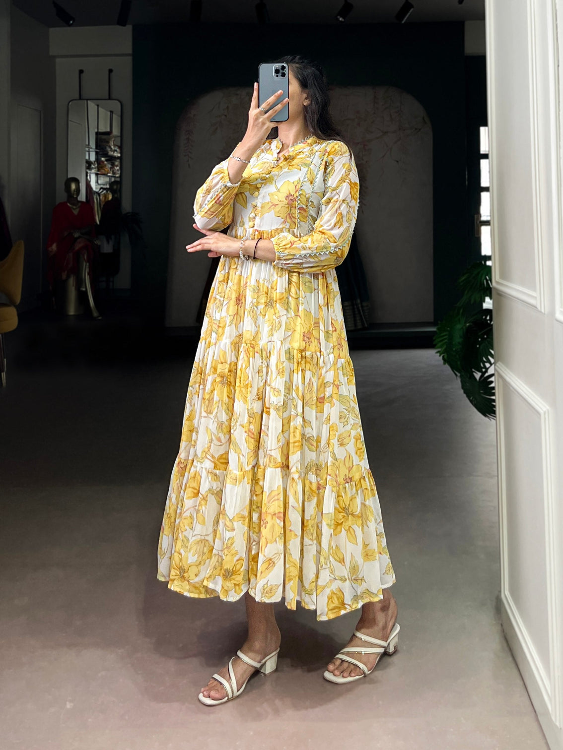 Yellow Weightless Marbal Floral & Foil Printed Stitched Frock with Lace Touch-Up Micro Crepe Lining, Full Sleeves