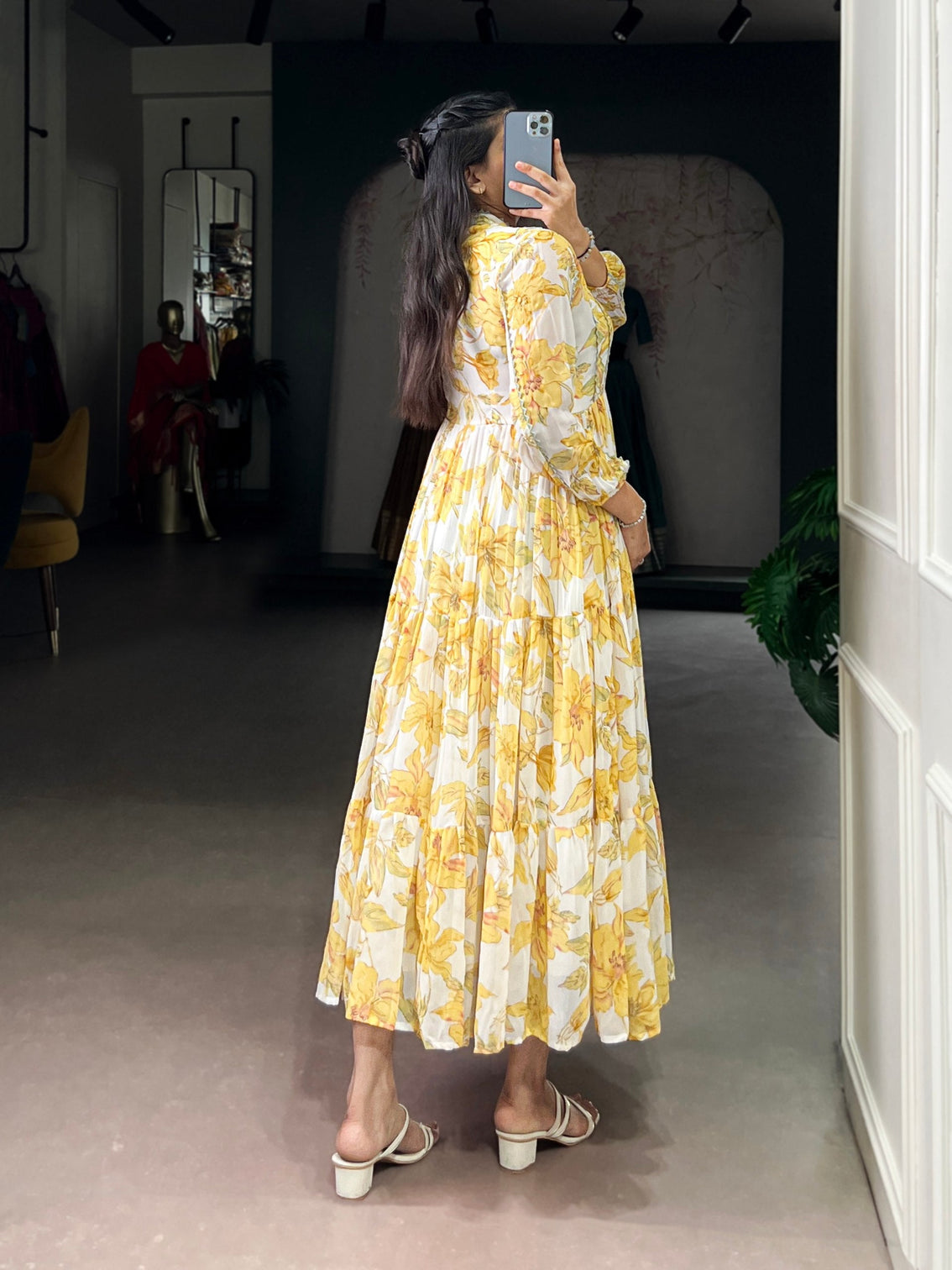 Yellow Weightless Marbal Floral & Foil Printed Stitched Frock with Lace Touch-Up Micro Crepe Lining, Full Sleeves