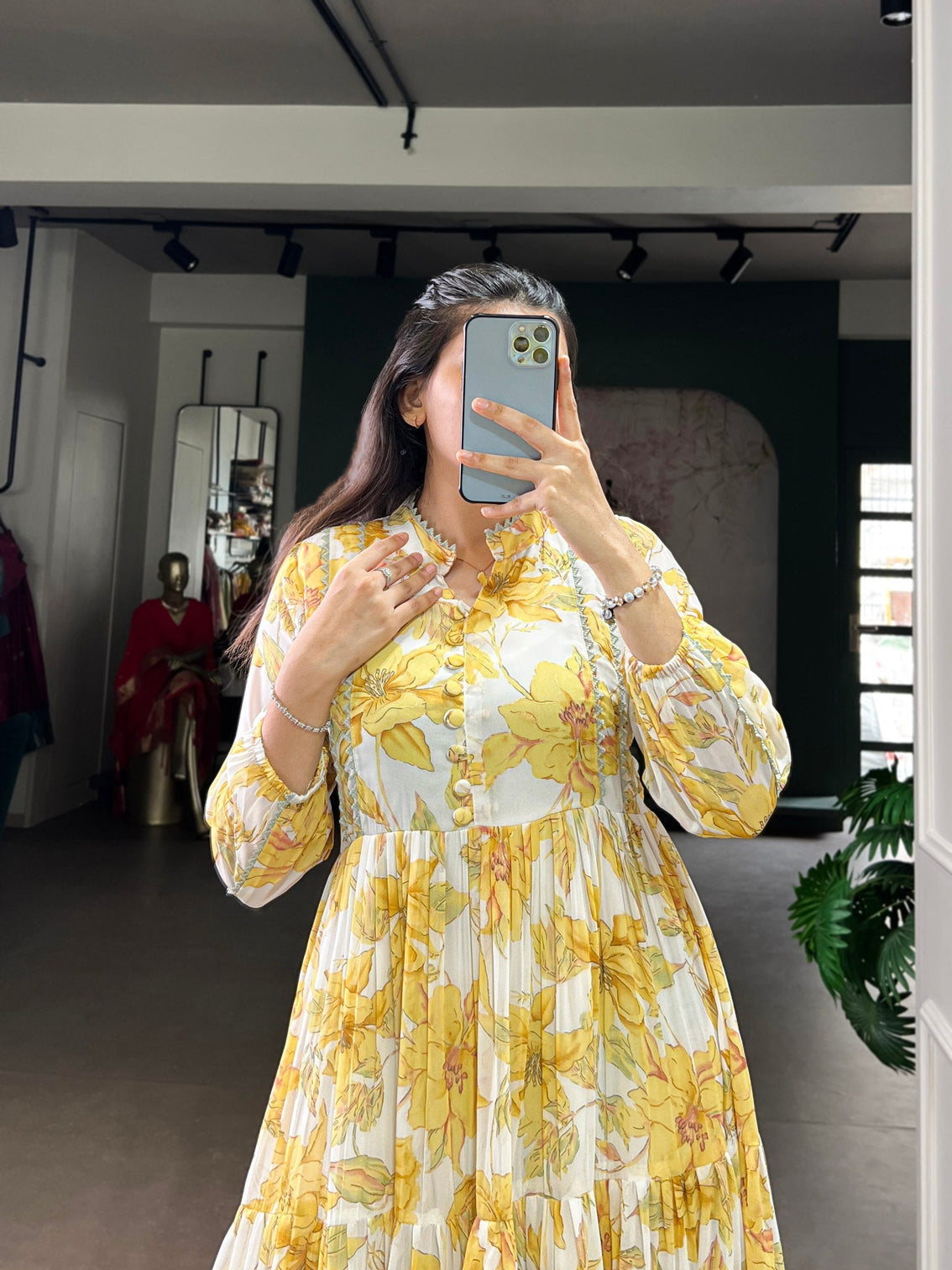 Yellow Weightless Marbal Floral & Foil Printed Stitched Frock with Lace Touch-Up Micro Crepe Lining, Full Sleeves