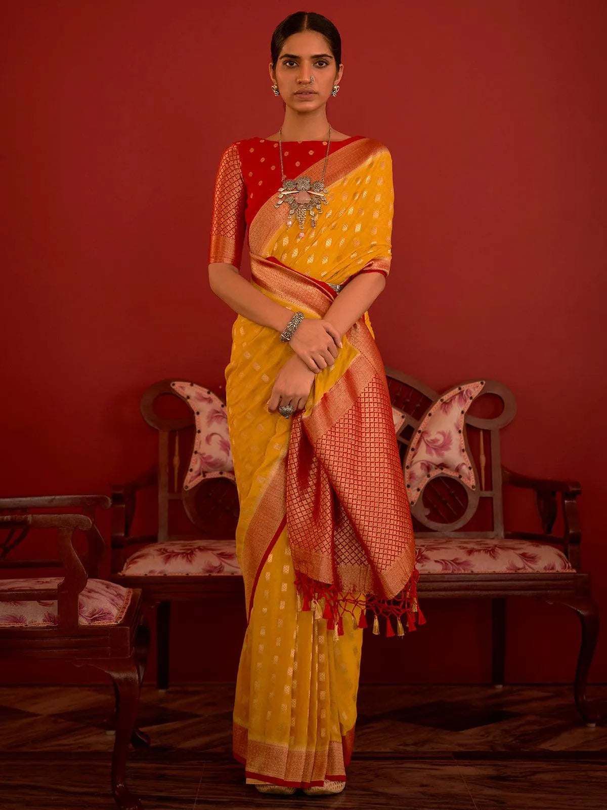 yellow Woven Banarasi Silk Saree