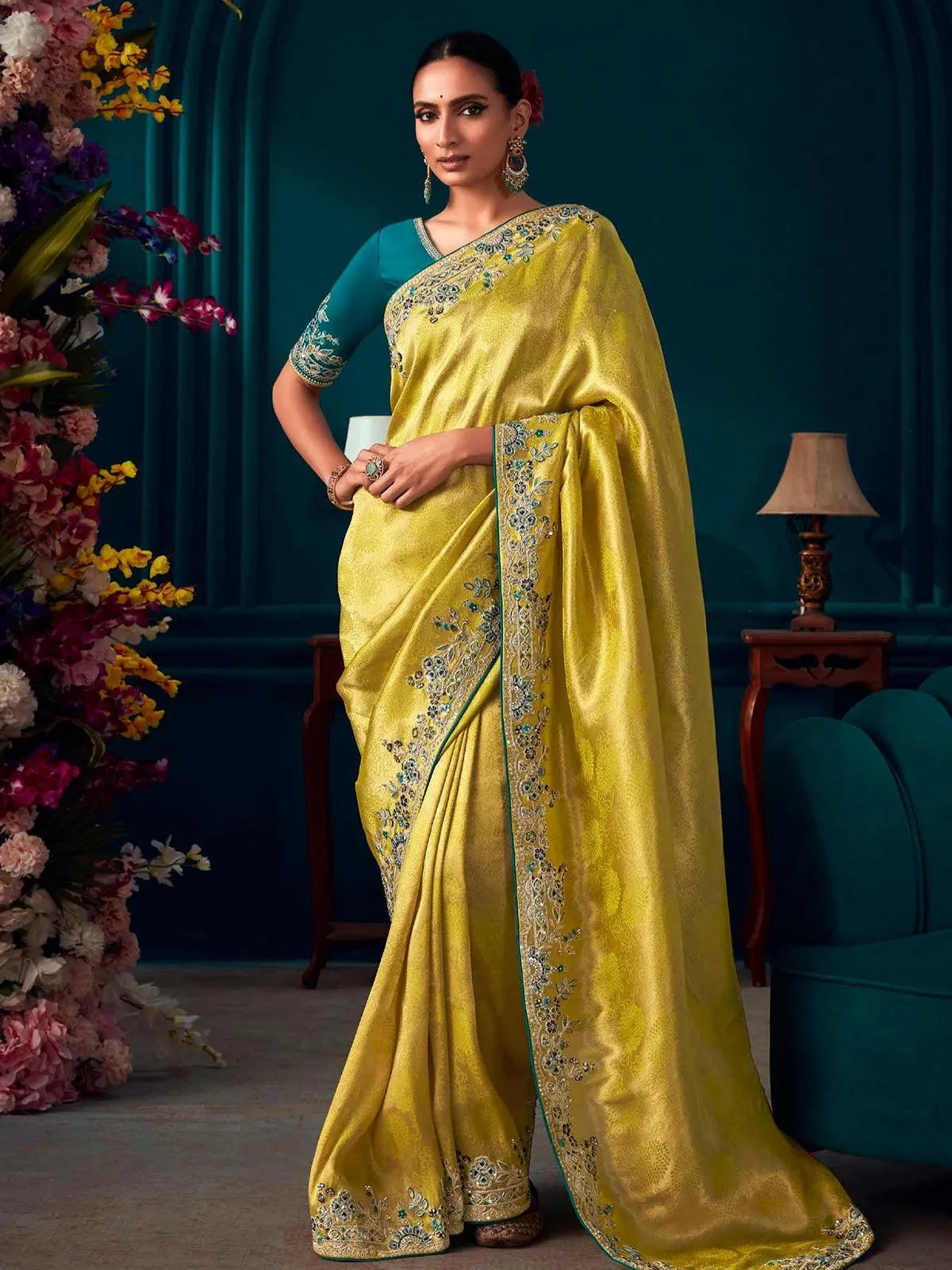 Yellow Woven Banarasi Soft Silk Designer Saree Party Wear