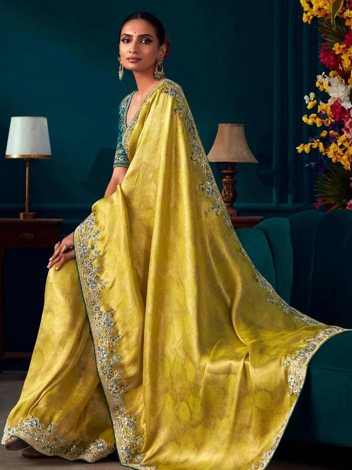 Yellow Woven Banarasi Soft Silk Designer Saree Party Wear