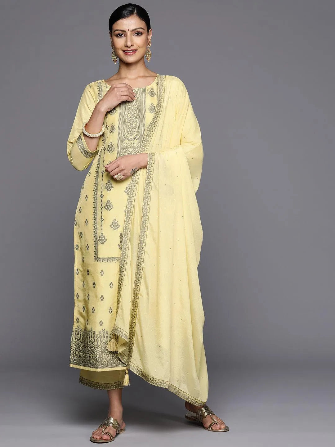 Mameraa Yellow Woven Design Silk Blend Straight Kurta With Trousers & Dupatta
