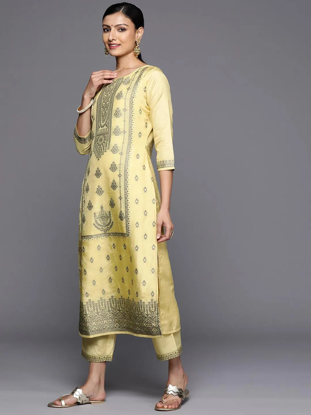 Mameraa Yellow Woven Design Silk Blend Straight Kurta With Trousers & Dupatta