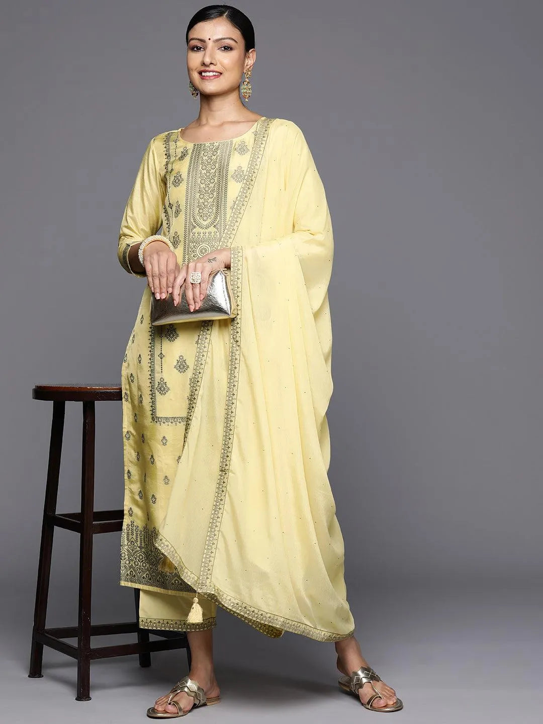 Mameraa Yellow Woven Design Silk Blend Straight Kurta With Trousers & Dupatta