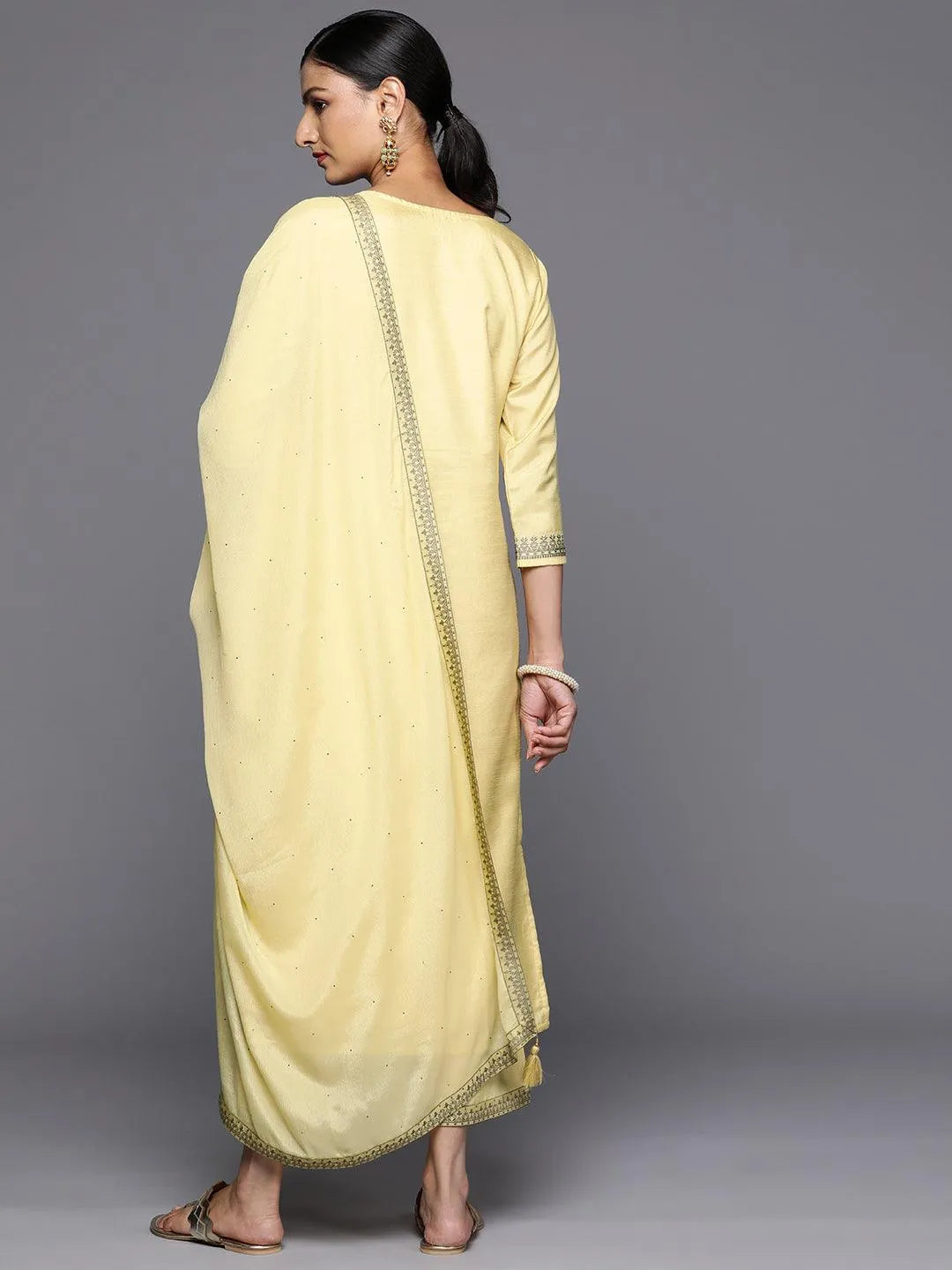 Mameraa Yellow Woven Design Silk Blend Straight Kurta With Trousers & Dupatta