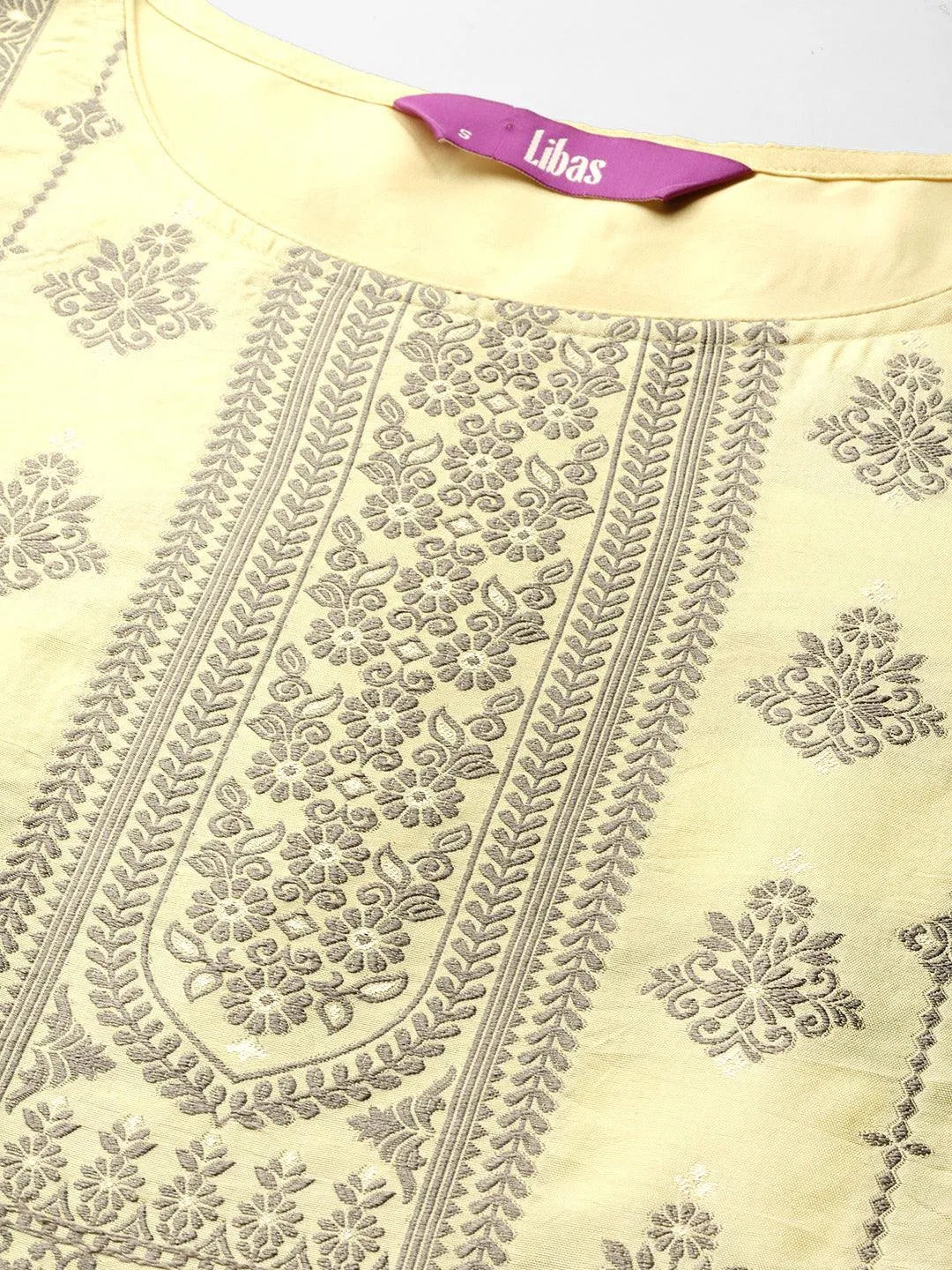 Mameraa Yellow Woven Design Silk Blend Straight Kurta With Trousers & Dupatta