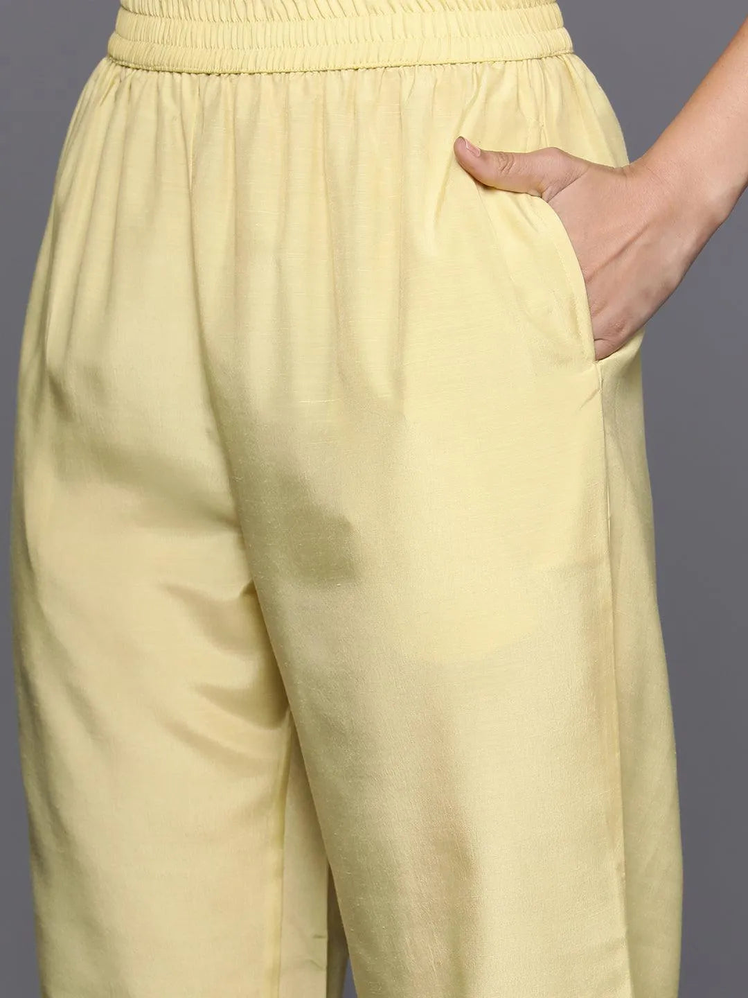 Mameraa Yellow Woven Design Silk Blend Straight Kurta With Trousers & Dupatta