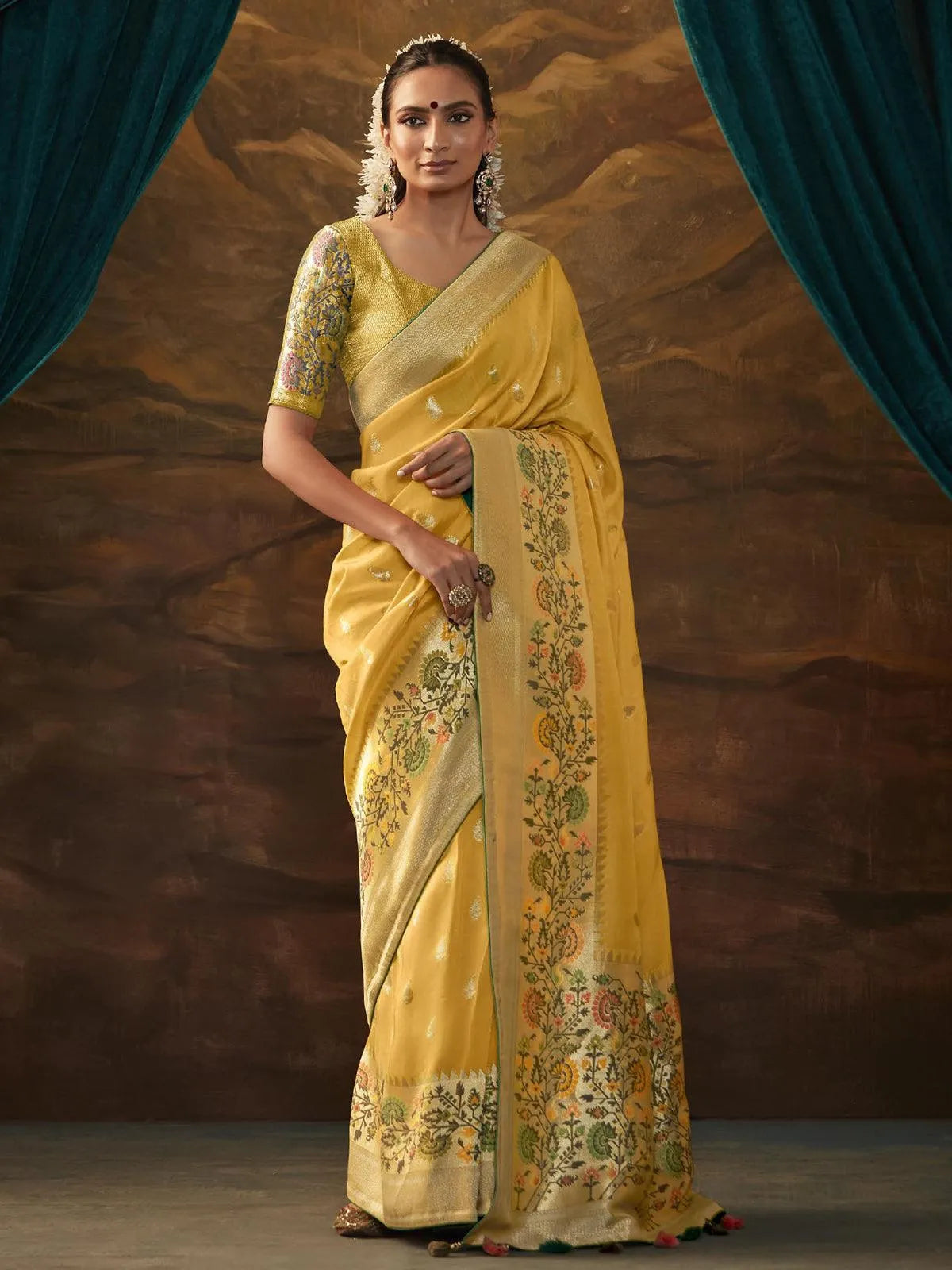 Yellow Woven Dola Silk Zari Work Saree Party Wear