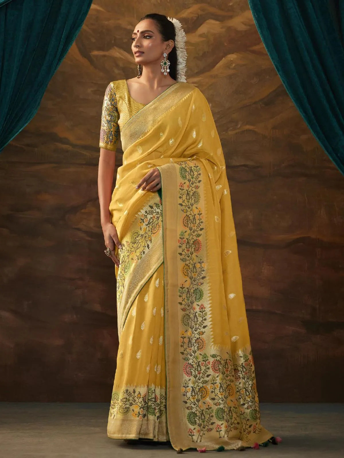 Yellow Woven Dola Silk Zari Work Saree Party Wear