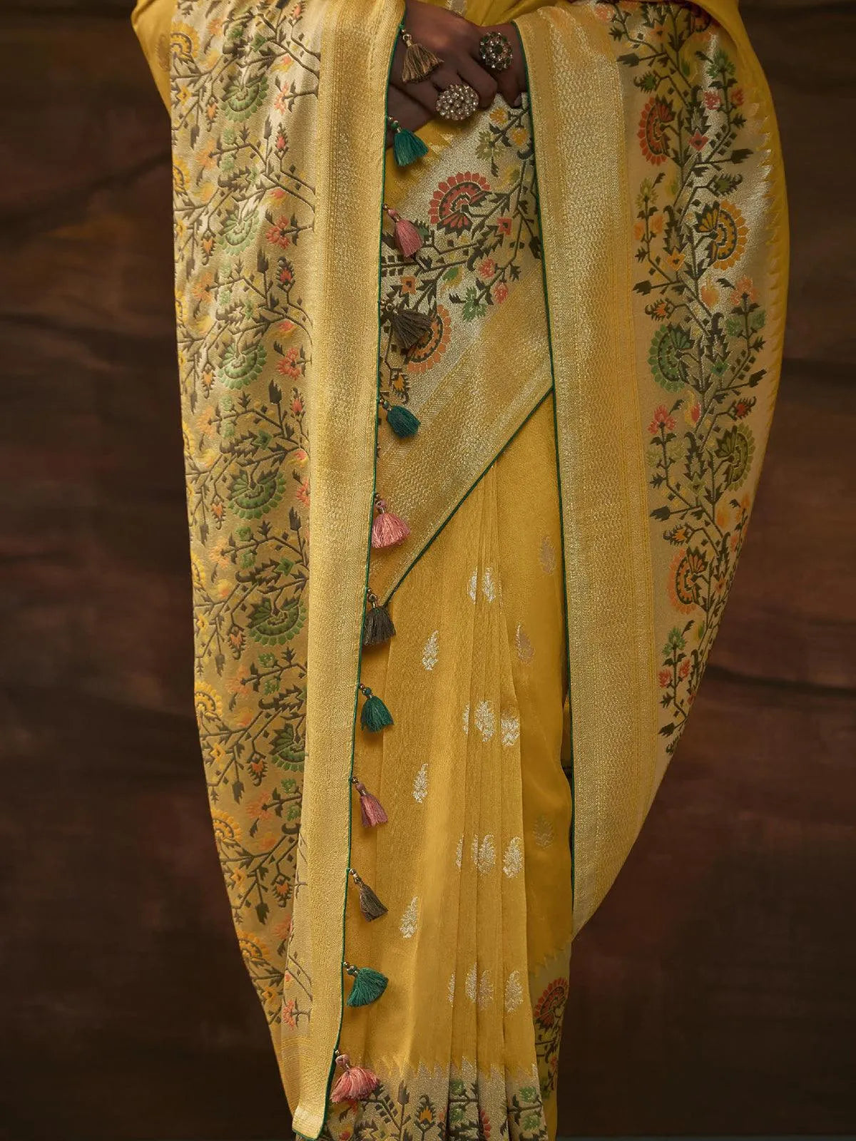 Yellow Woven Dola Silk Zari Work Saree Party Wear