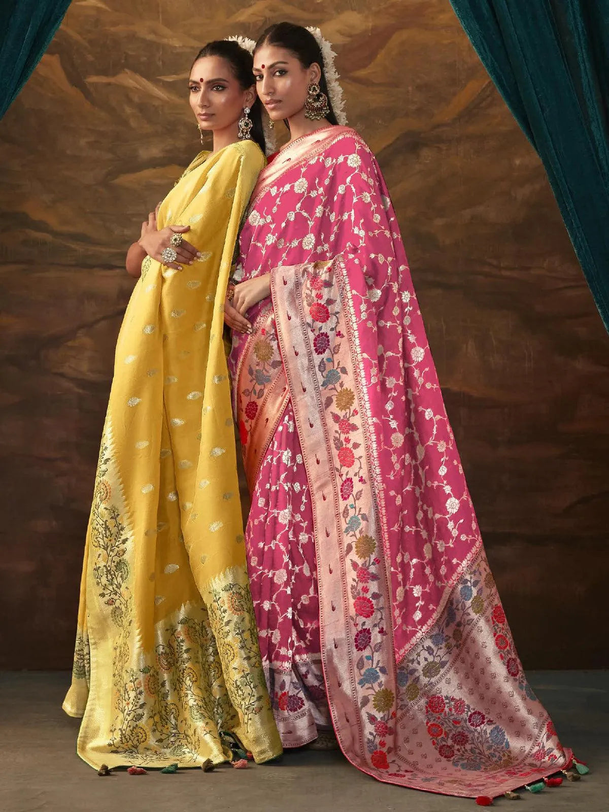 Yellow Woven Dola Silk Zari Work Saree Party Wear