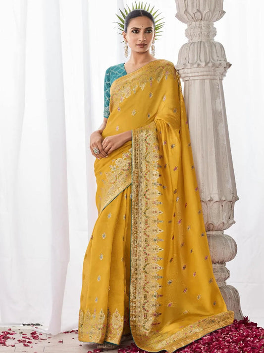 Yellow Woven Georgette Silk Saree Party Wear