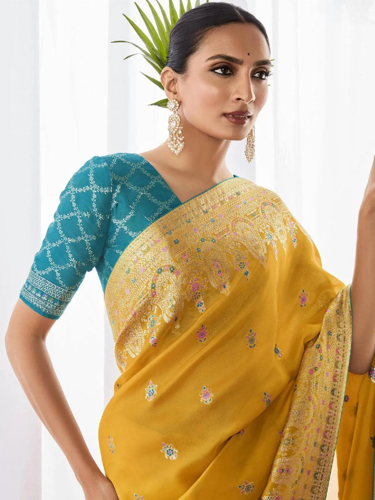 Yellow Woven Georgette Silk Saree Party Wear