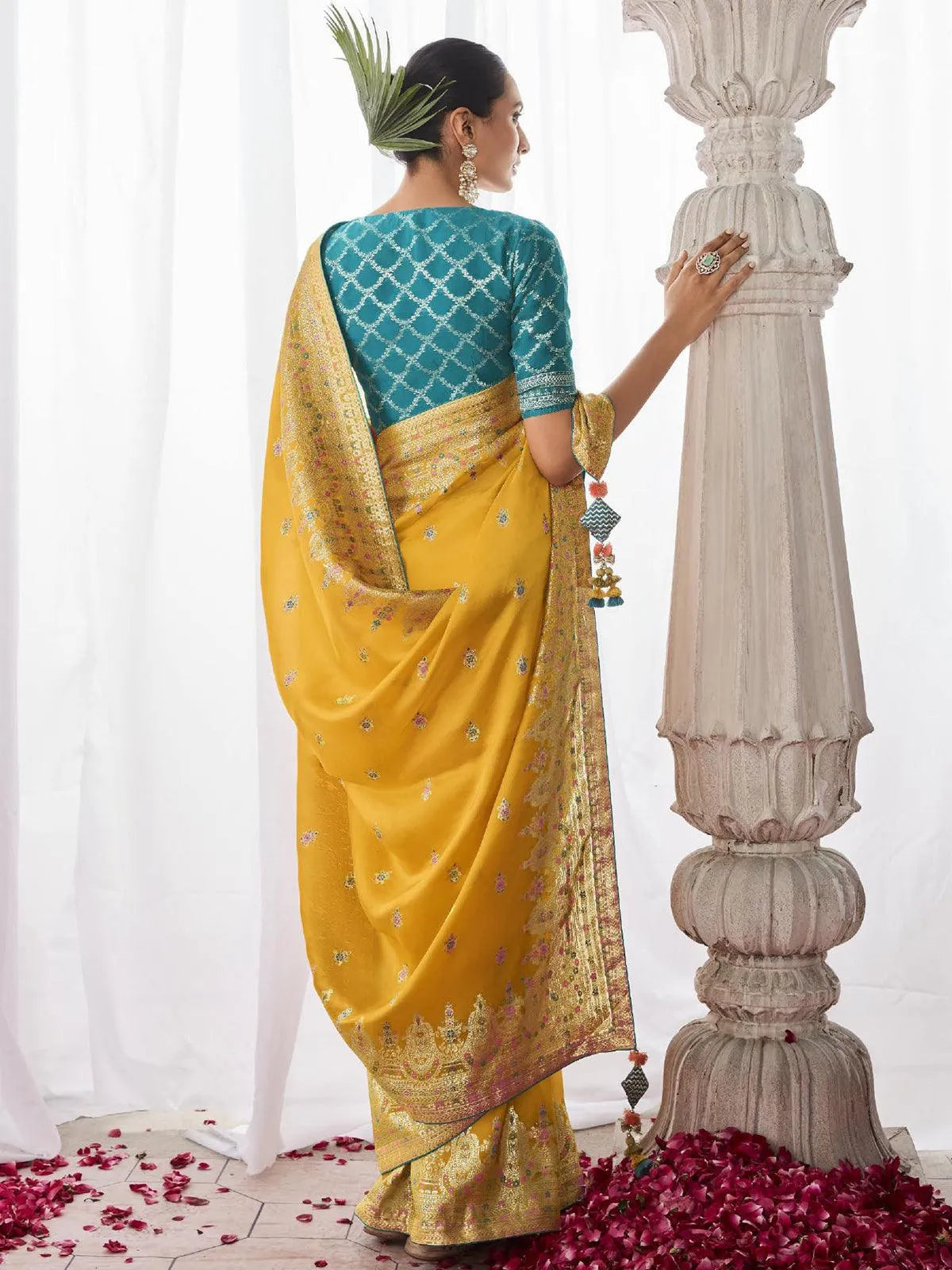 Yellow Woven Georgette Silk Saree Party Wear