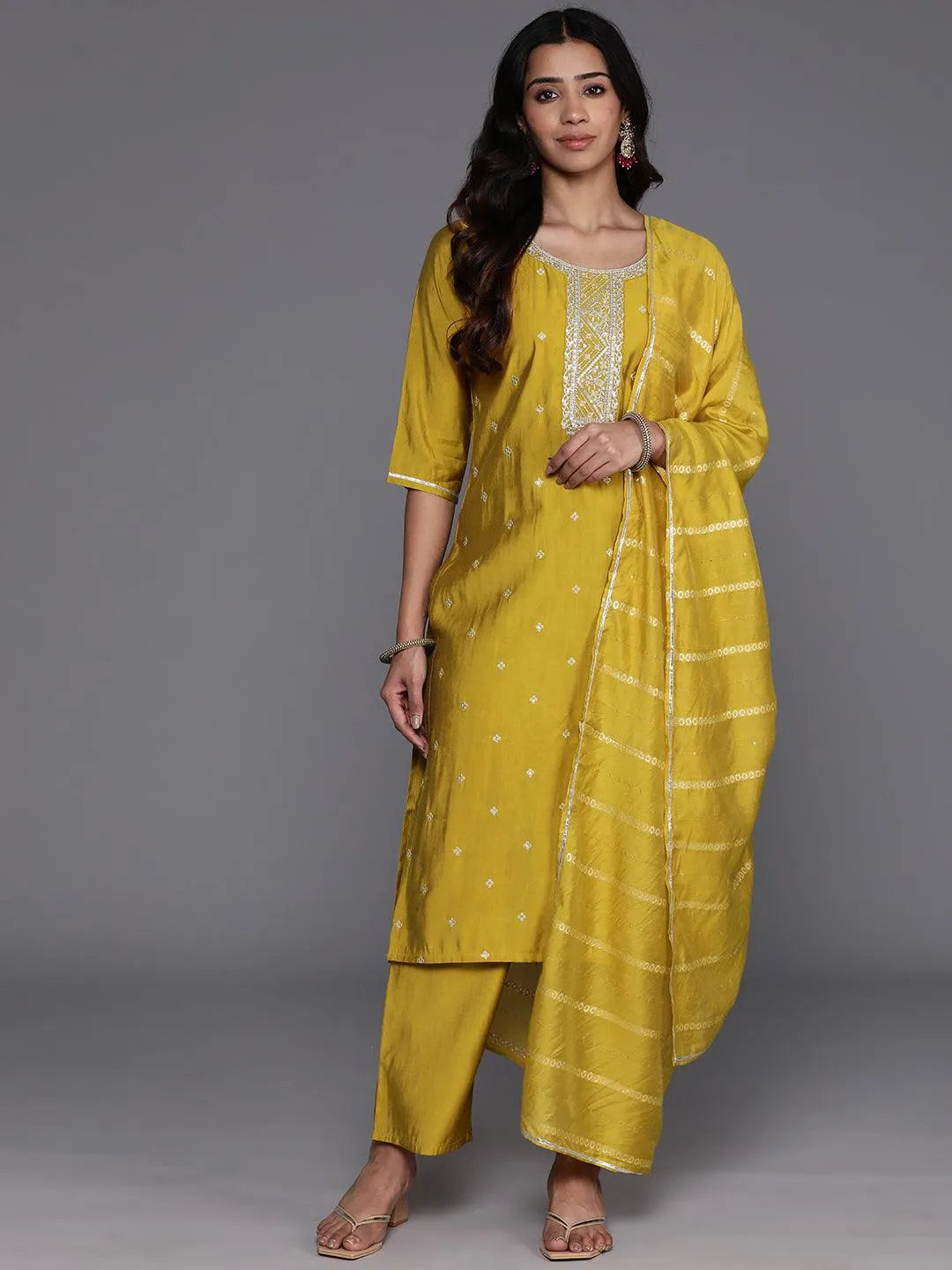 Mameraa Yellow Yoke Design Silk Blend Straight Suit With Dupatta