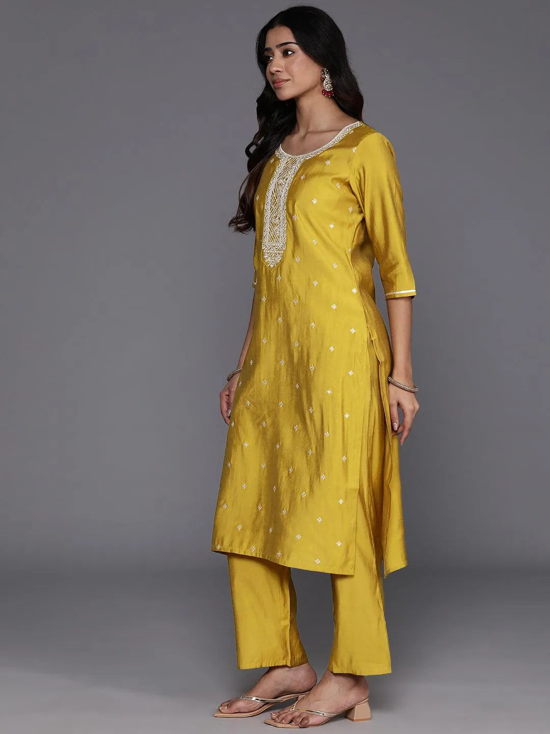 Mameraa Yellow Yoke Design Silk Blend Straight Suit With Dupatta