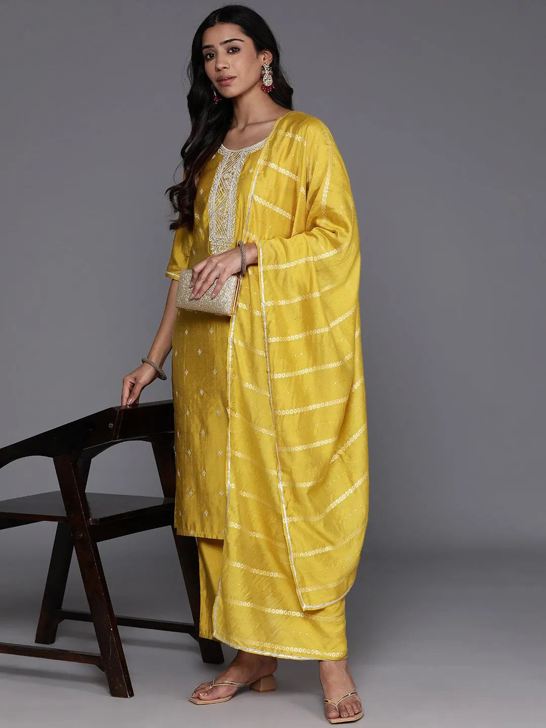 Mameraa Yellow Yoke Design Silk Blend Straight Suit With Dupatta