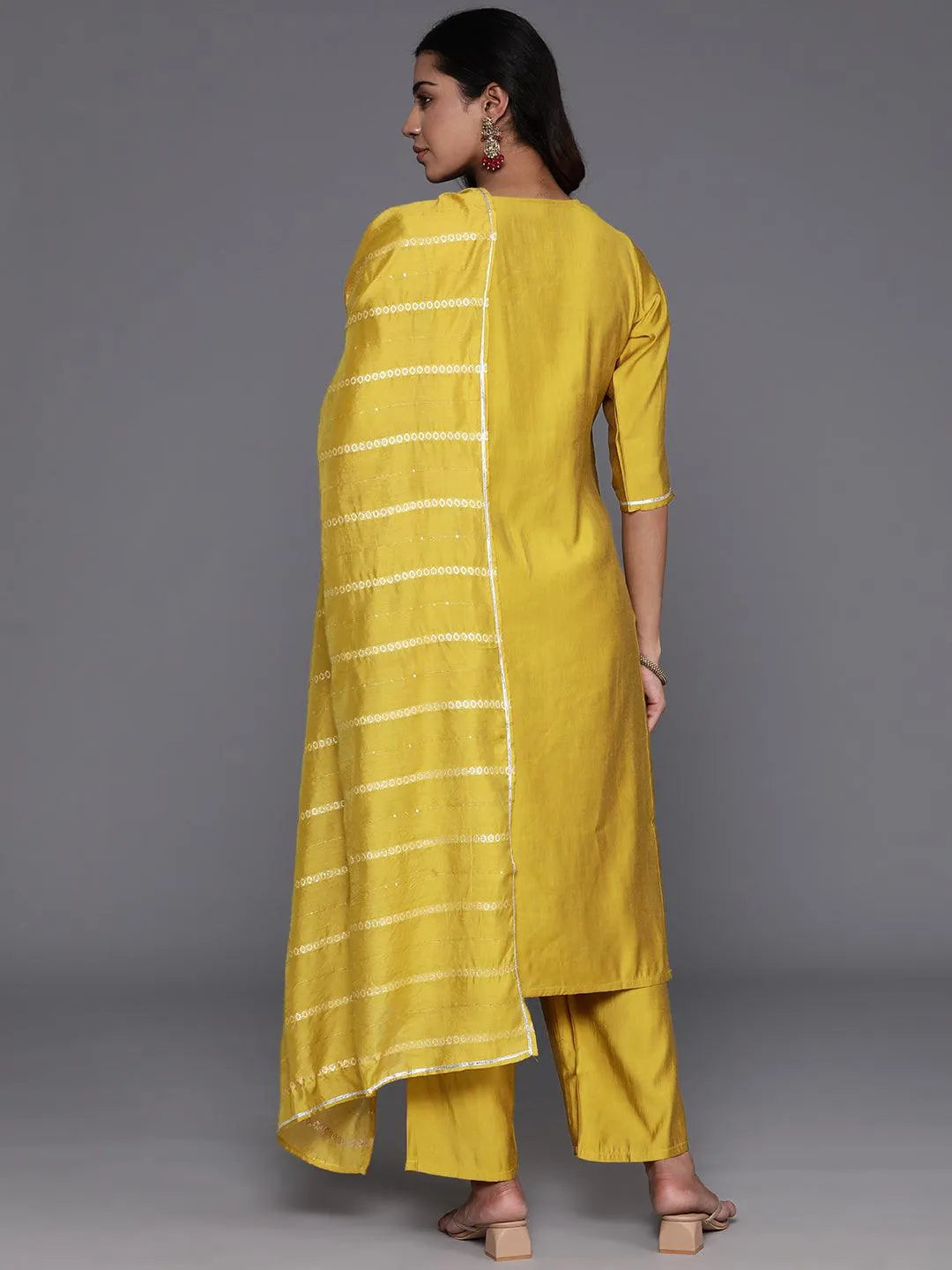 Mameraa Yellow Yoke Design Silk Blend Straight Suit With Dupatta