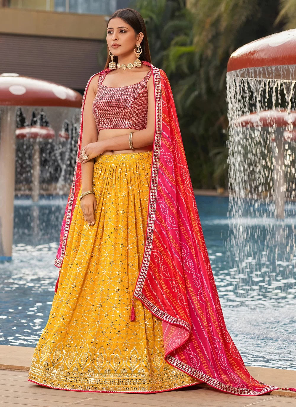 Yellow zari and sequins embroidered designer indian lehenga choli
