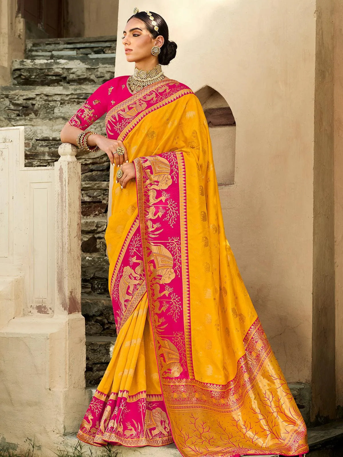 Yellow Zari Work Banarasi Silk Saree