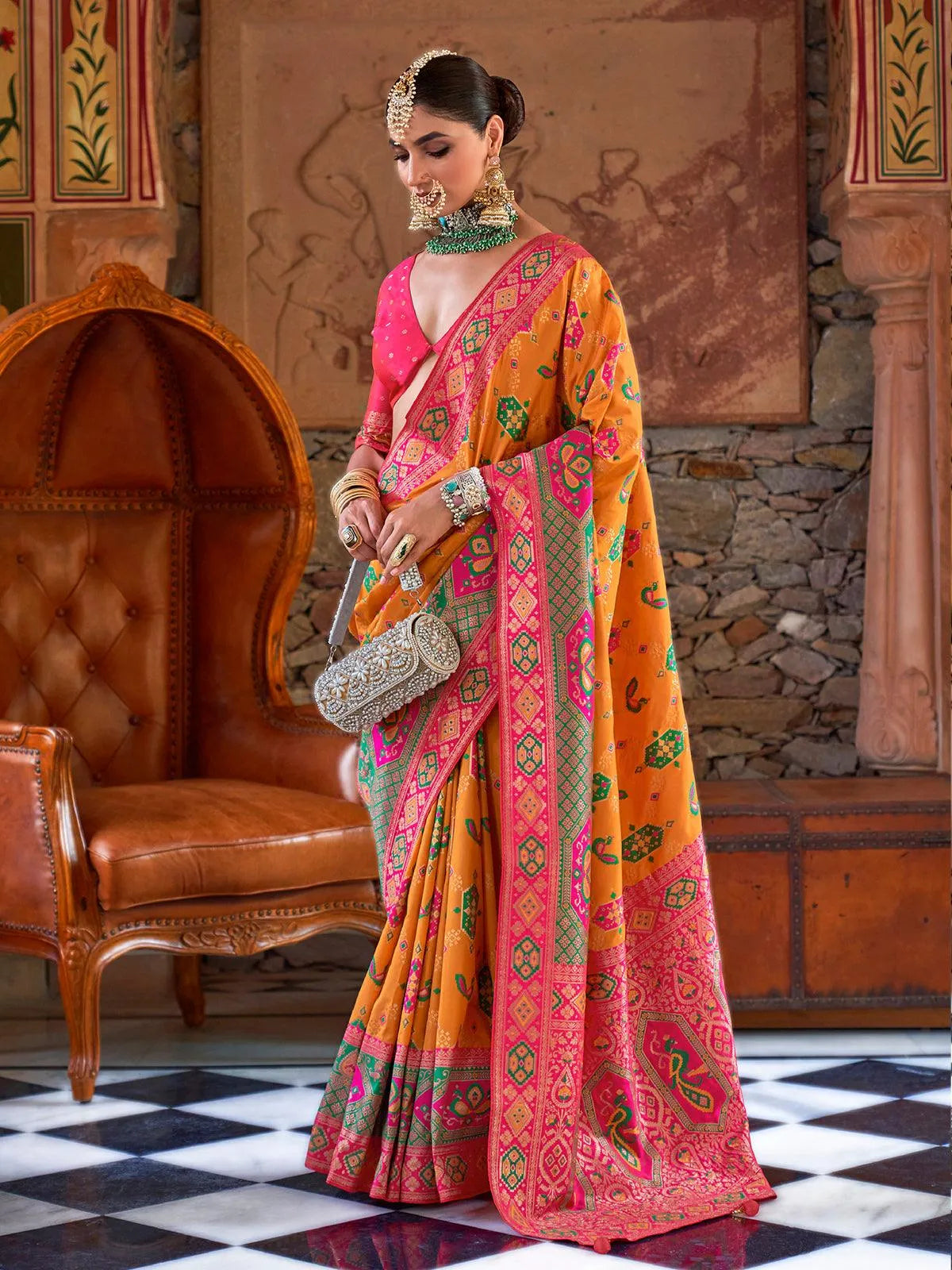 Yellow Zari Woven Designer Silk Pink Border Saree For Engagement & Reception Wear