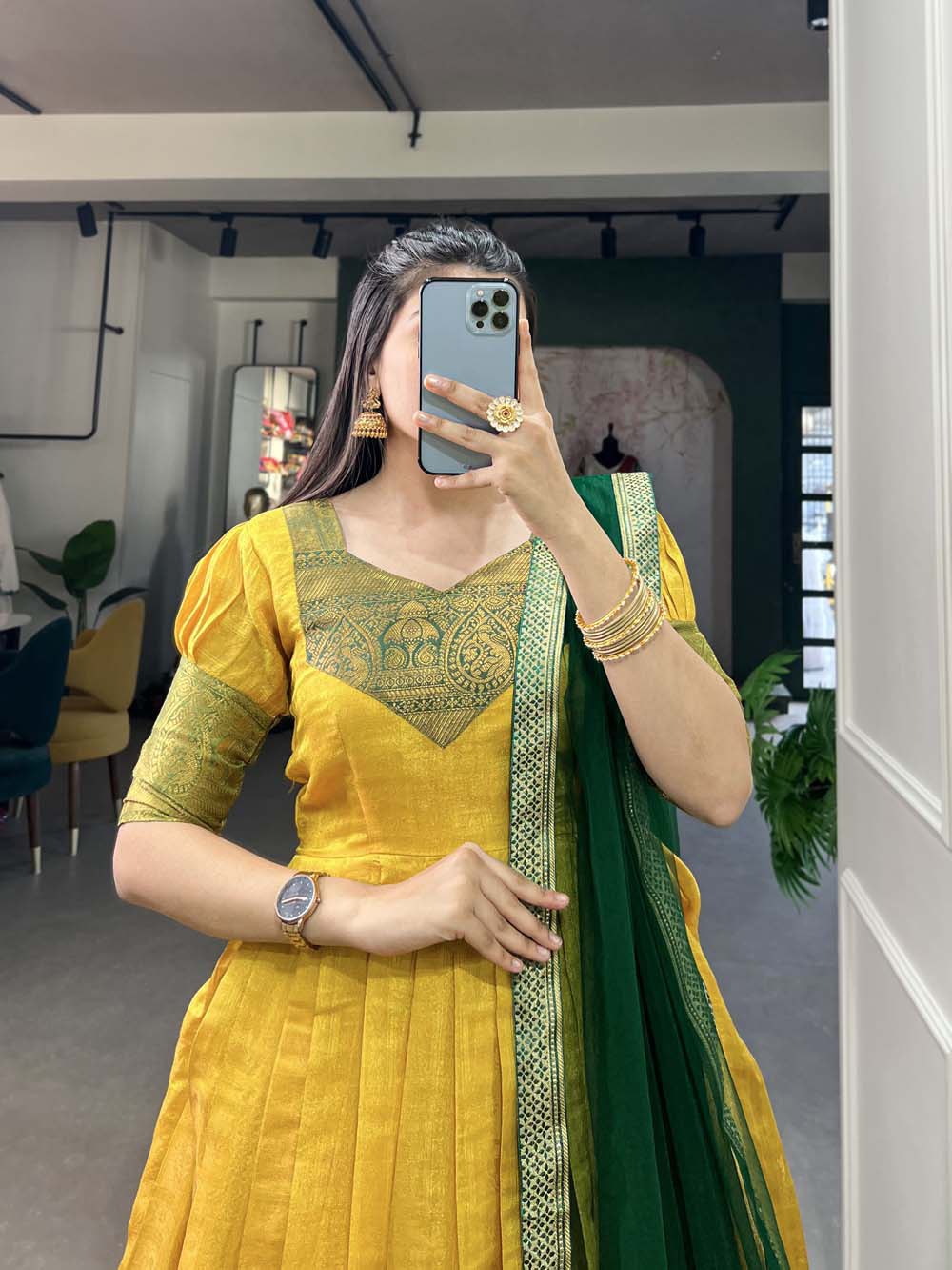 Regal Yellow Zari Woven Kanjivaram Gown with Net Dupatta
