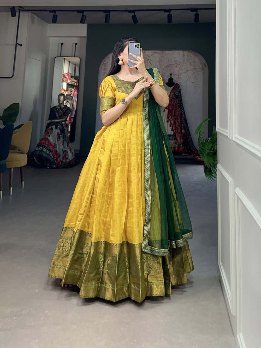 Regal Yellow Zari Woven Kanjivaram Gown with Net Dupatta