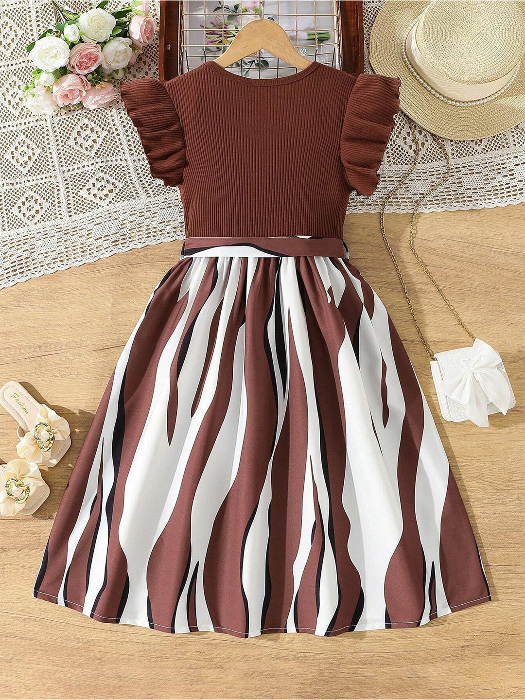 Girls Brown Ribbed Party Dress with Printed Flared Skirt