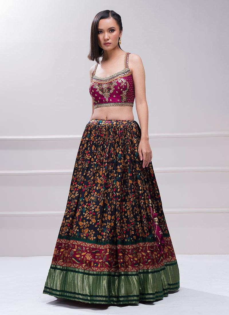 Zardosi Work Blouse With Crushed Floral Lehenga