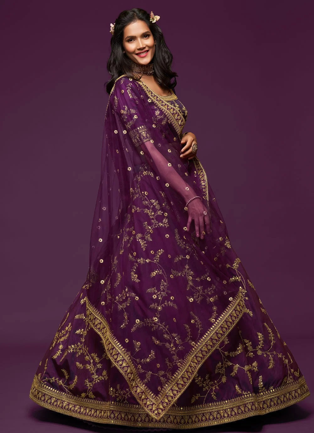 Zari and sequins embroidered wedding lehenga in purple