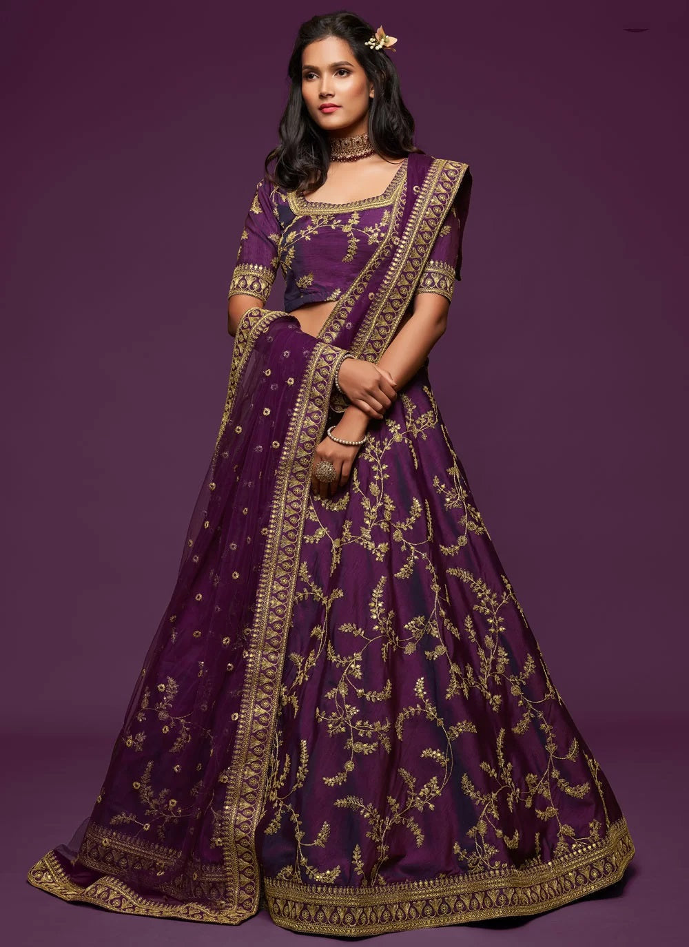 Zari and sequins embroidered wedding lehenga in purple