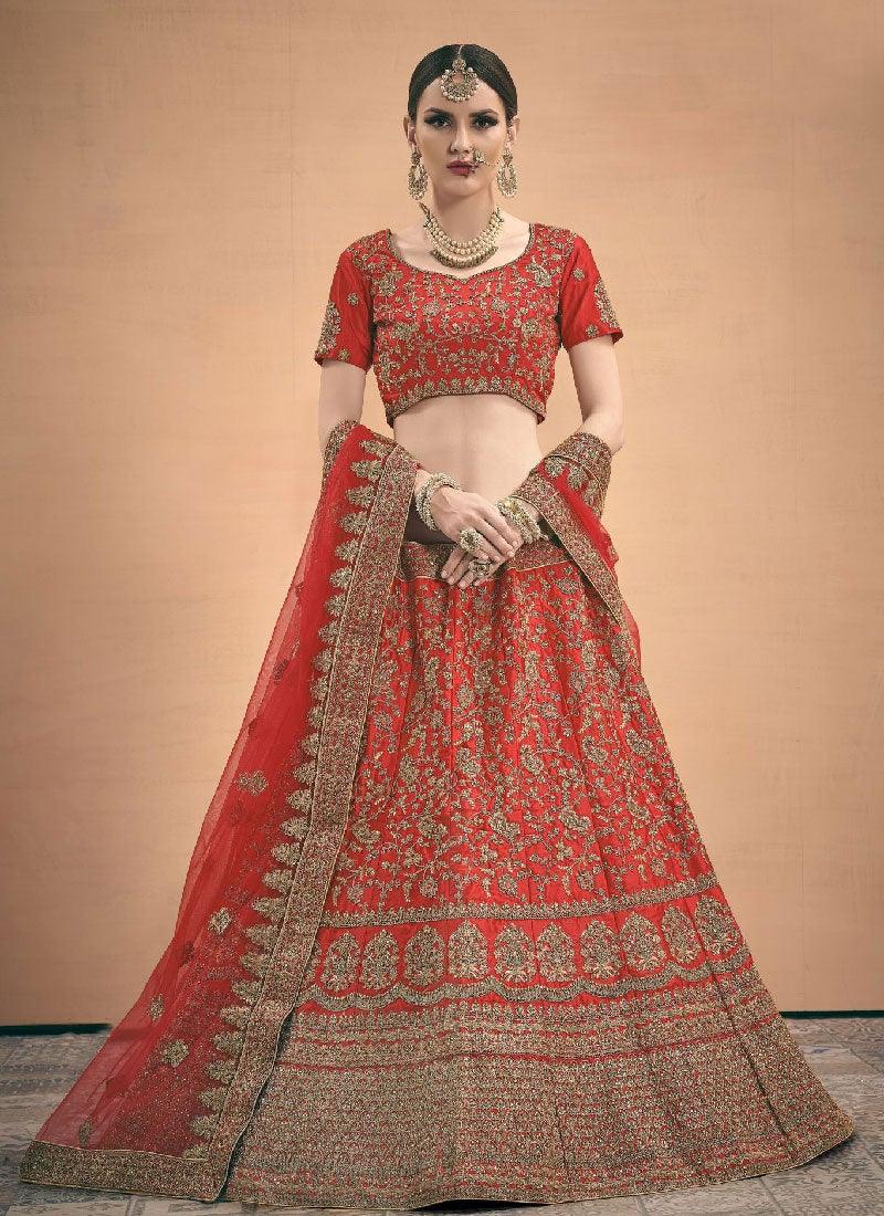 Zari And Stone Work Red Color Satin Fabric Lehenga Choli